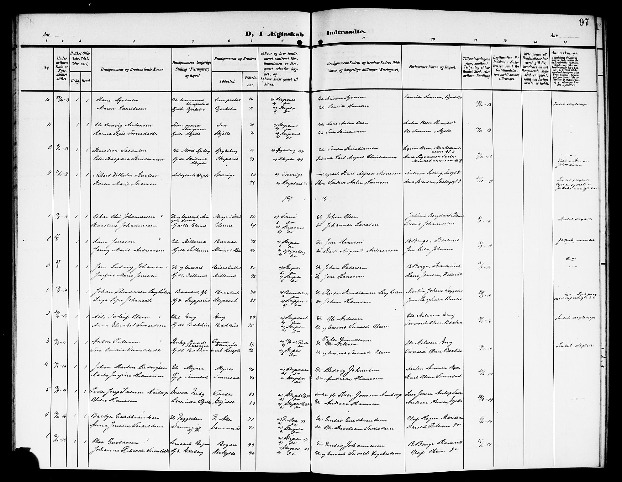 Skiptvet prestekontor Kirkebøker, AV/SAO-A-20009/G/Ga/L0002: Klokkerbok nr. 2, 1905-1915, s. 97