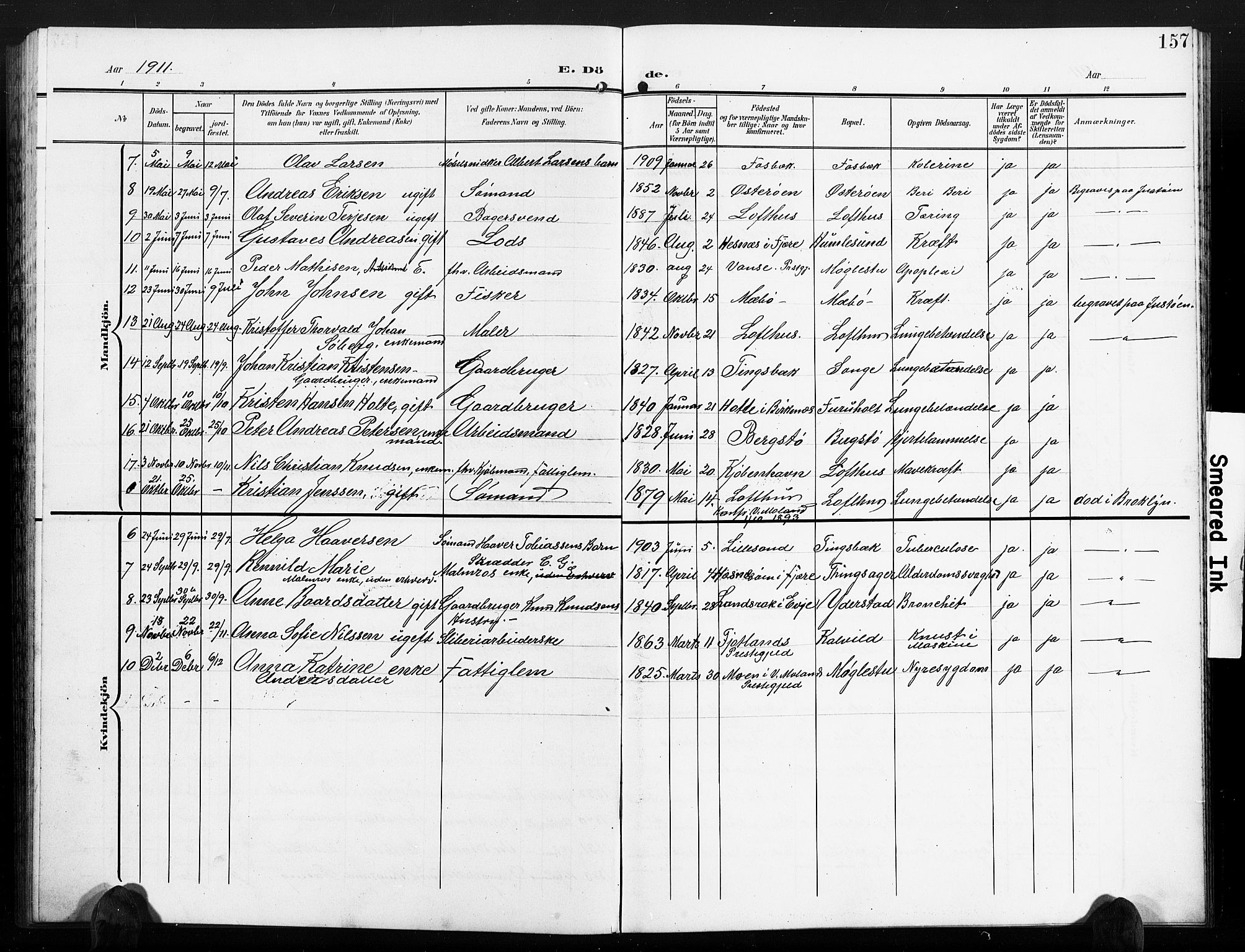 Vestre Moland sokneprestkontor, AV/SAK-1111-0046/F/Fb/Fbb/L0007: Klokkerbok nr. B 7, 1906-1929, s. 157