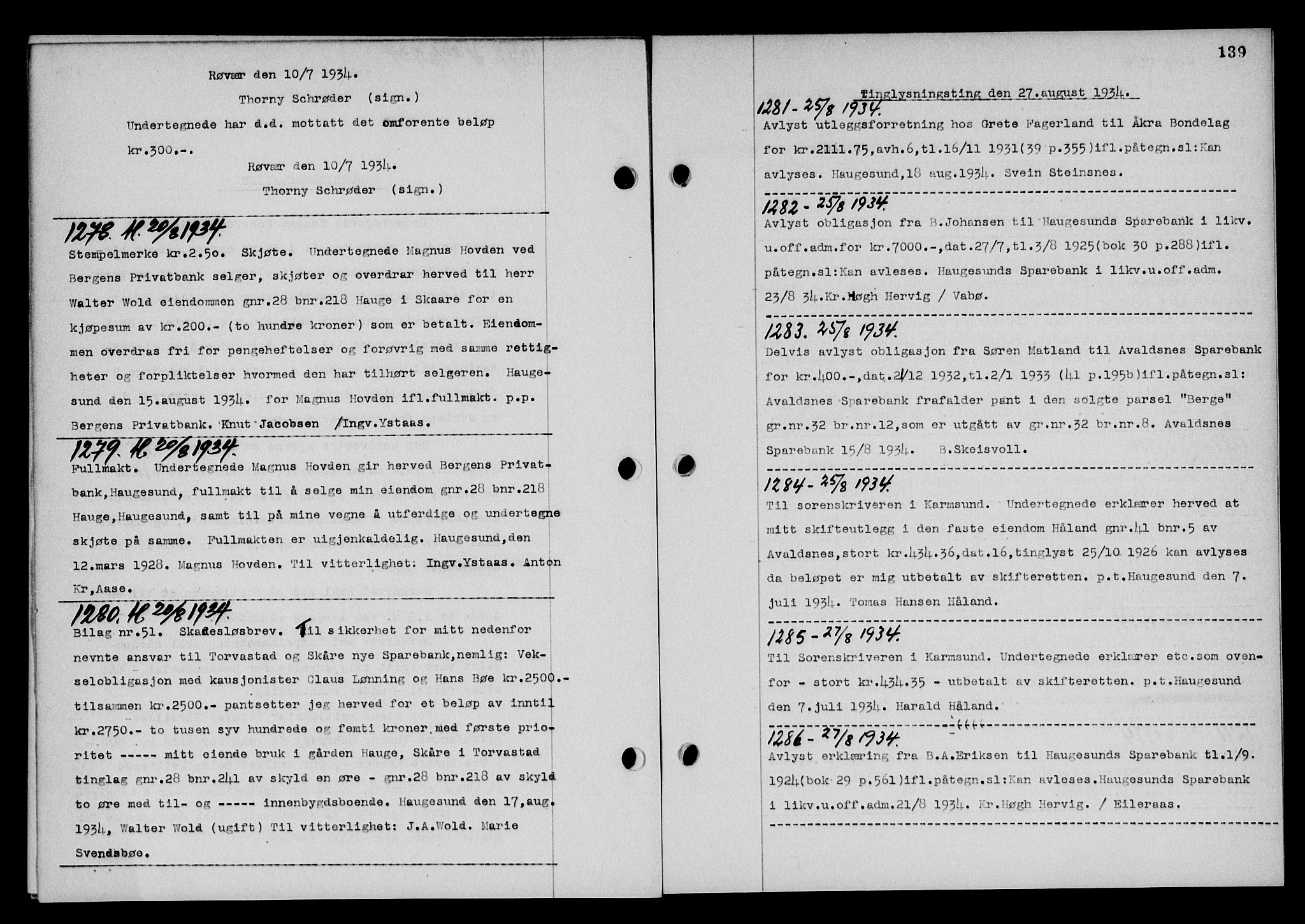 Karmsund sorenskriveri, SAST/A-100311/01/II/IIB/L0063: Pantebok nr. 44, 1934-1935, Tingl.dato: 25.08.1934