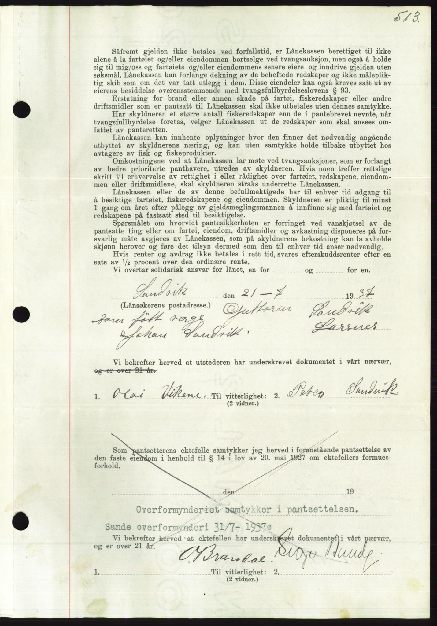 Søre Sunnmøre sorenskriveri, AV/SAT-A-4122/1/2/2C/L0063: Pantebok nr. 57, 1937-1937, Dagboknr: 1237/1937