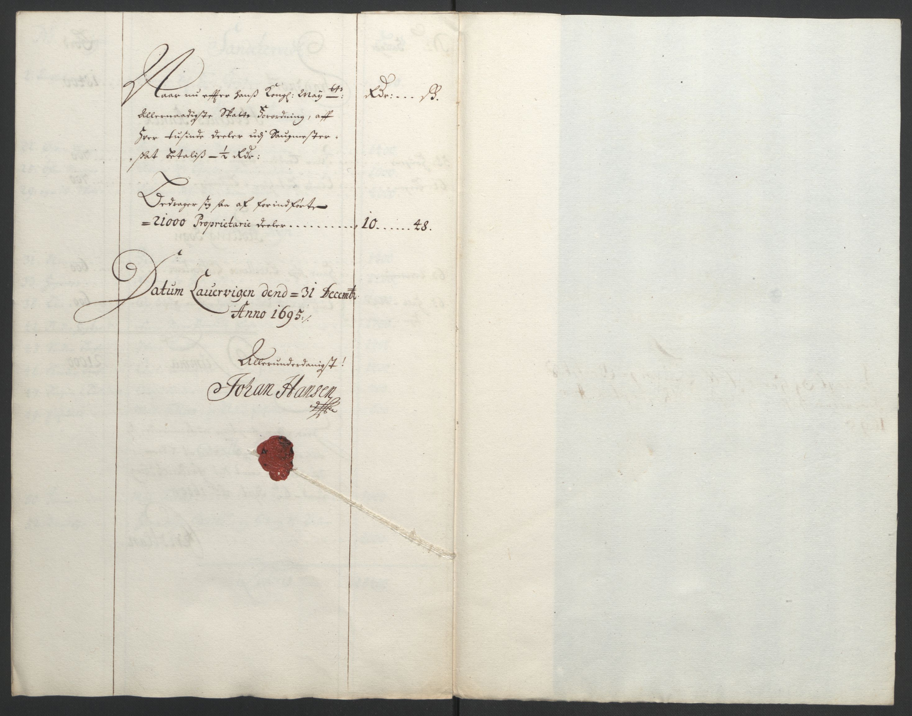 Rentekammeret inntil 1814, Reviderte regnskaper, Fogderegnskap, RA/EA-4092/R33/L1974: Fogderegnskap Larvik grevskap, 1693-1695, s. 275
