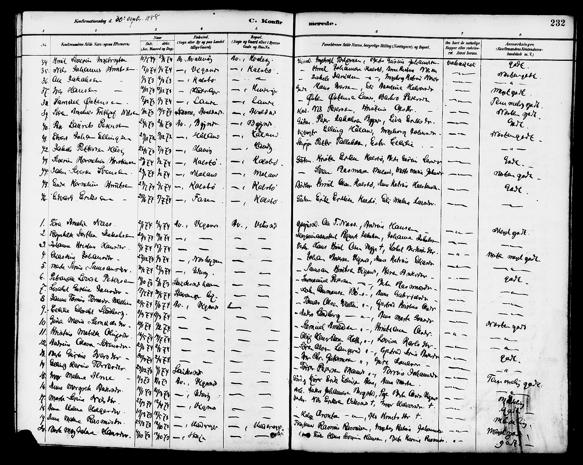 Avaldsnes sokneprestkontor, AV/SAST-A -101851/H/Ha/Hab/L0007: Klokkerbok nr. B 7, 1885-1909, s. 232