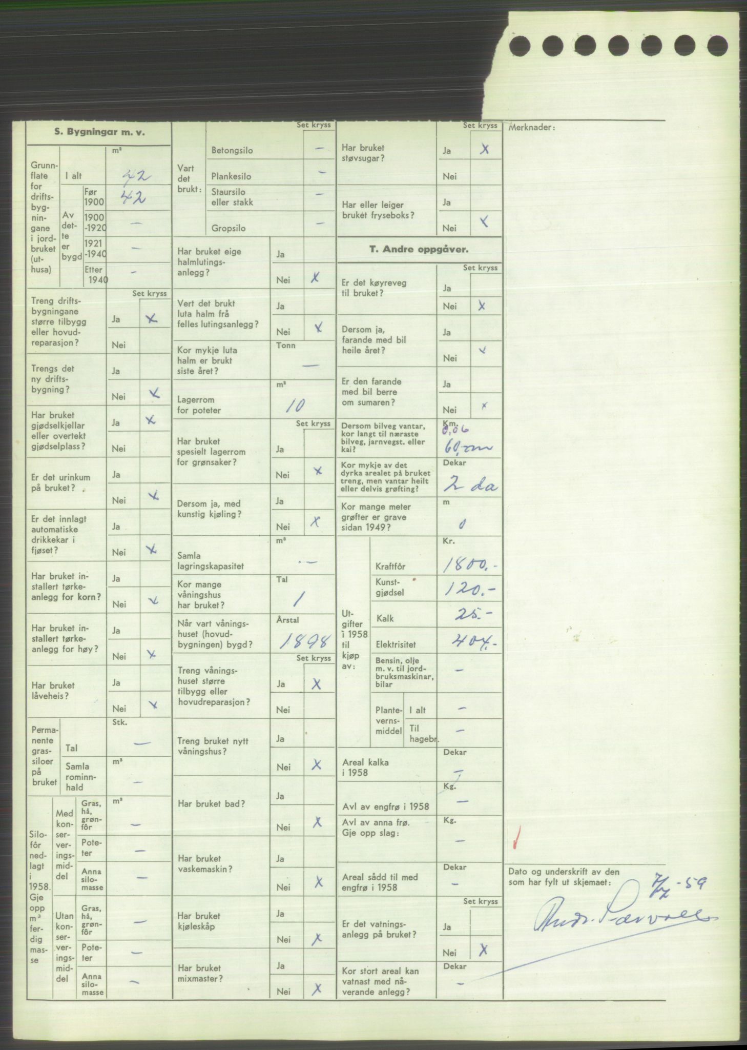 Statistisk sentralbyrå, Næringsøkonomiske emner, Jordbruk, skogbruk, jakt, fiske og fangst, AV/RA-S-2234/G/Gd/L0373: Rogaland: 1130 Strand (kl. 1-2), 1131 Årdal og 1132 Fister, 1959, s. 1126