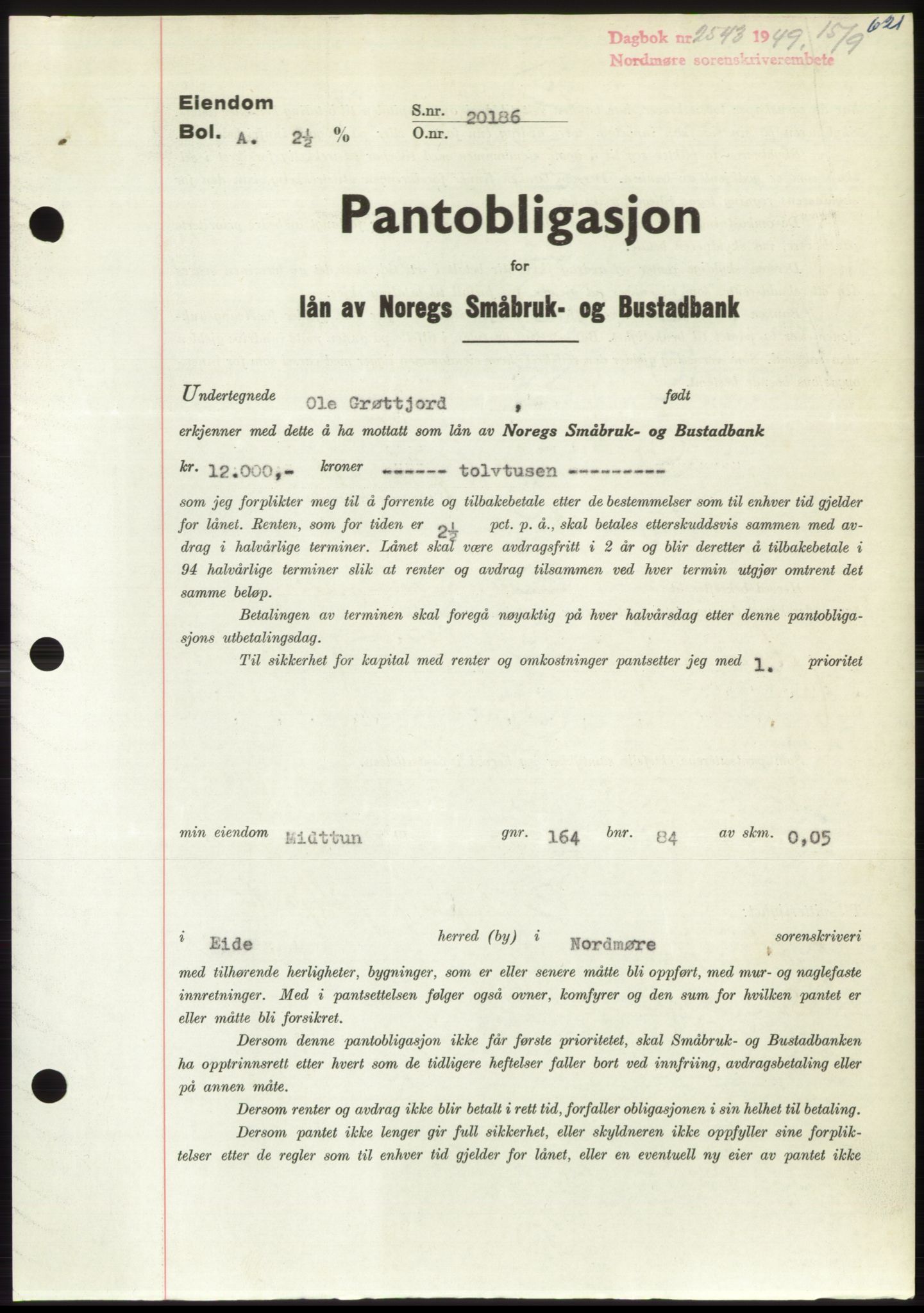 Nordmøre sorenskriveri, AV/SAT-A-4132/1/2/2Ca: Pantebok nr. B102, 1949-1949, Dagboknr: 2543/1949