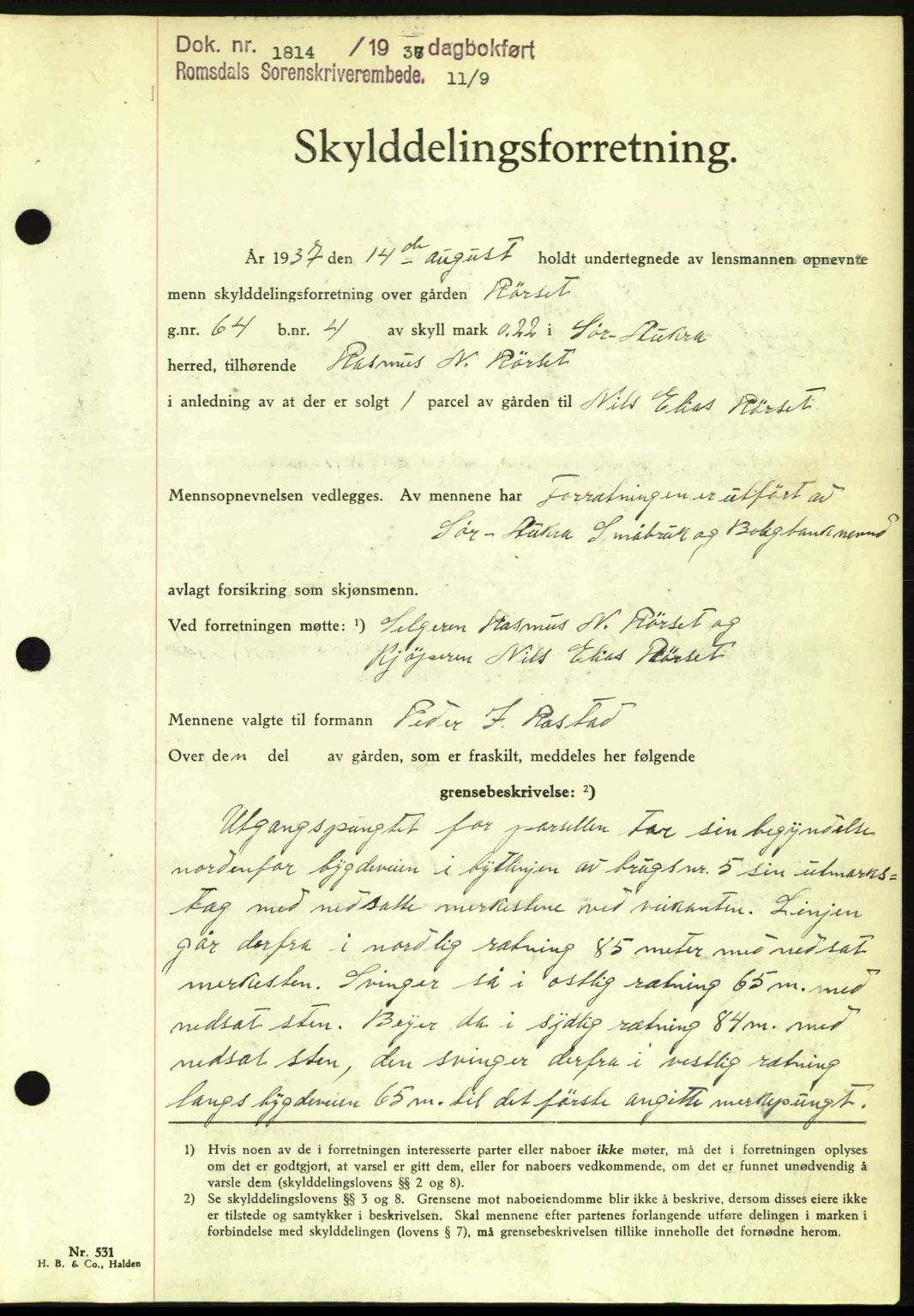 Romsdal sorenskriveri, SAT/A-4149/1/2/2C: Pantebok nr. A3, 1937-1937, Dagboknr: 1814/1937