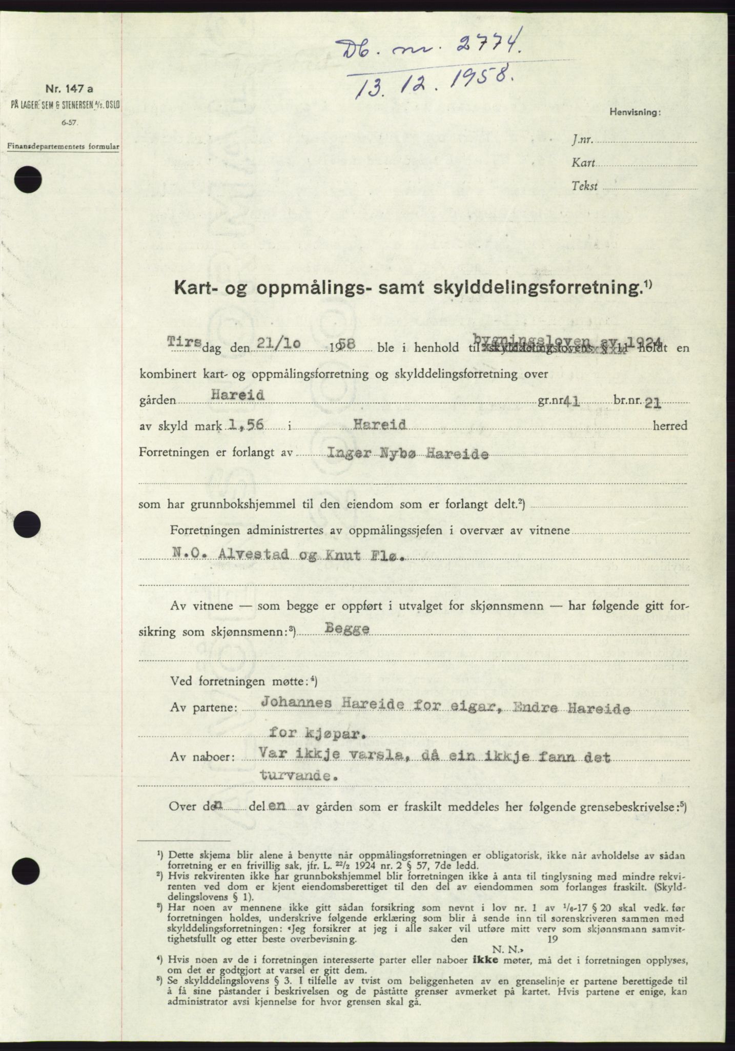 Søre Sunnmøre sorenskriveri, SAT/A-4122/1/2/2C/L0111: Pantebok nr. 37A, 1958-1959, Dagboknr: 2774/1958