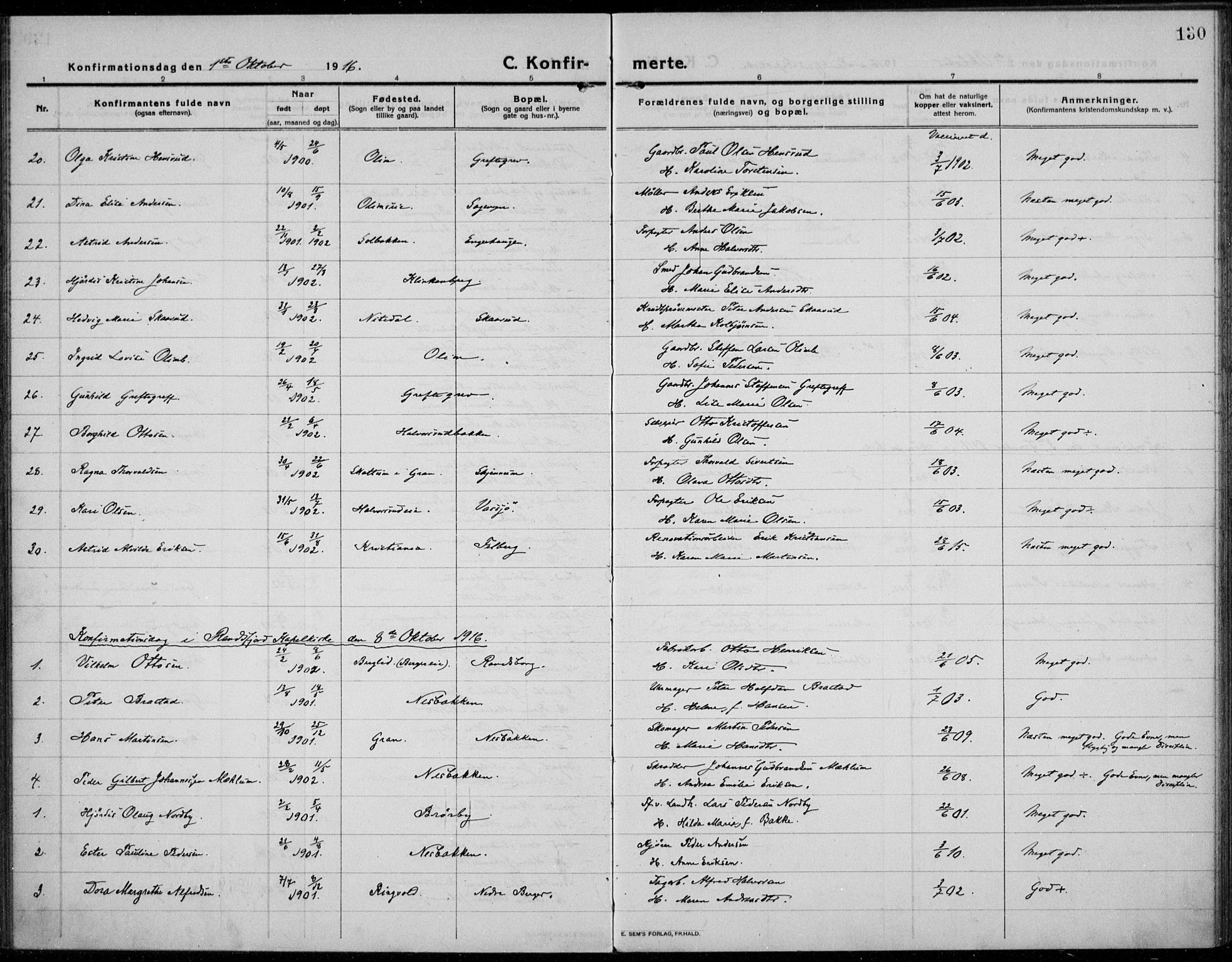 Jevnaker prestekontor, SAH/PREST-116/H/Ha/Haa/L0012: Ministerialbok nr. 12, 1914-1924, s. 130