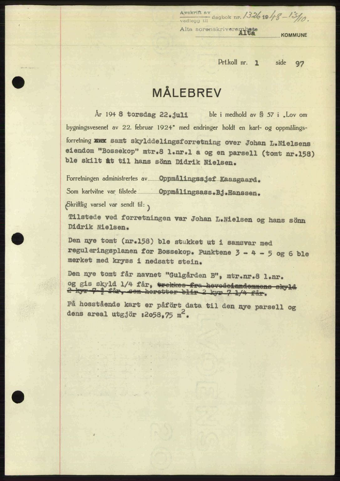 Alta fogderi/sorenskriveri, SATØ/SATØ-5/1/K/Kd/L0037pantebok: Pantebok nr. 39-40, 1948-1949, Dagboknr: 1326/1948