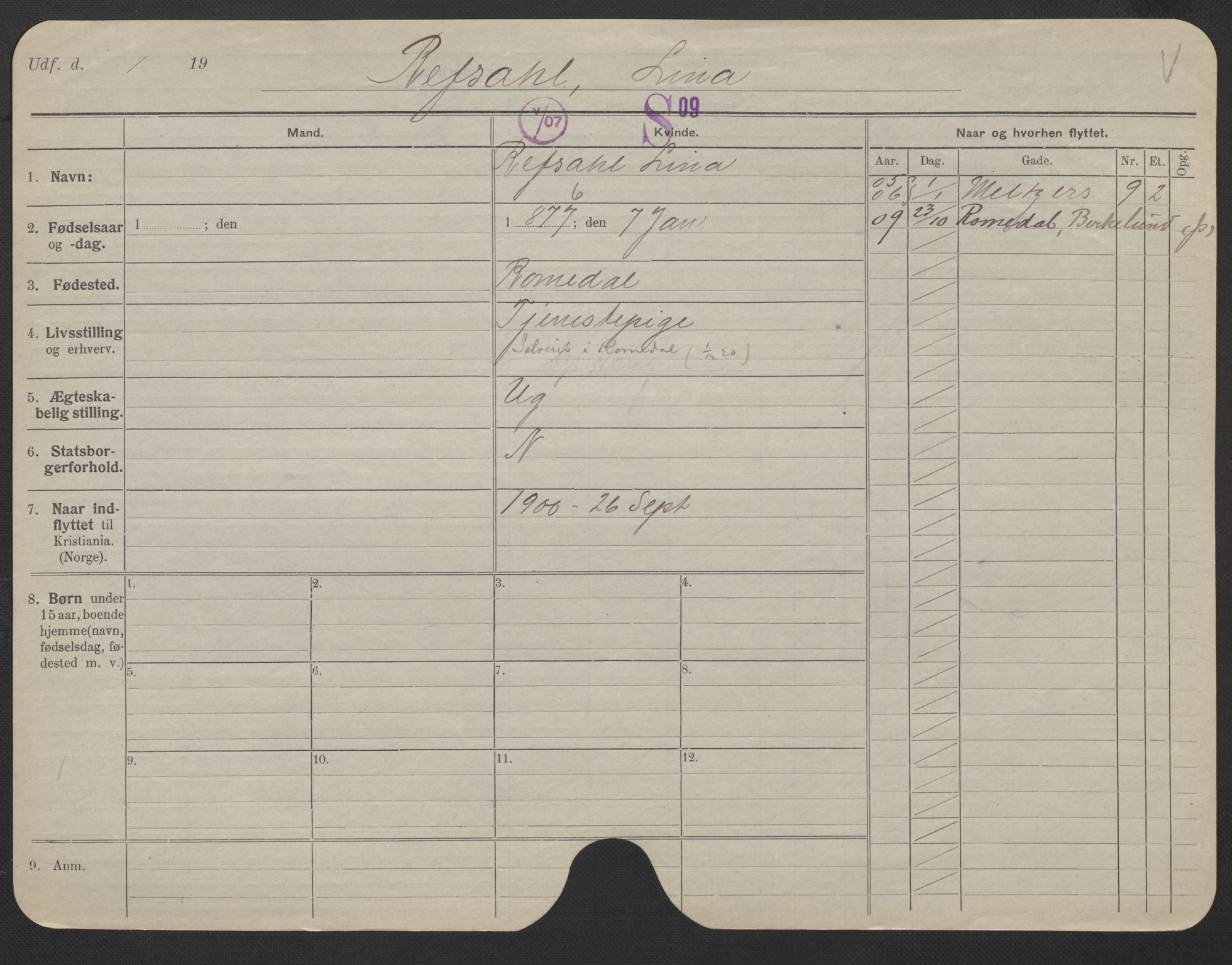Oslo folkeregister, Registerkort, AV/SAO-A-11715/F/Fa/Fac/L0023: Kvinner, 1906-1914, s. 101a