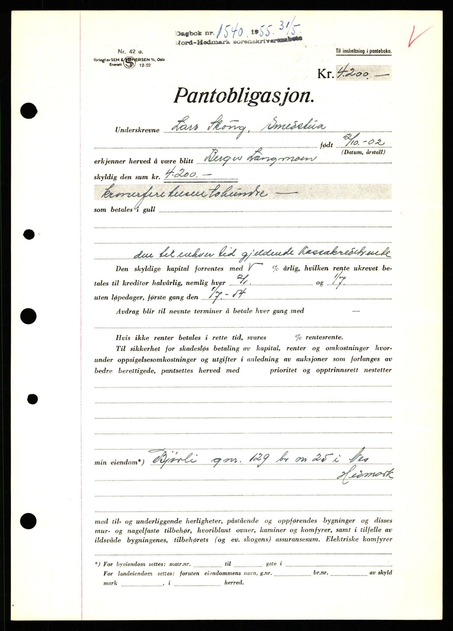 Nord-Hedmark sorenskriveri, SAH/TING-012/H/Hb/Hbf/L0032: Pantebok nr. B32, 1955-1955, Dagboknr: 1540/1952