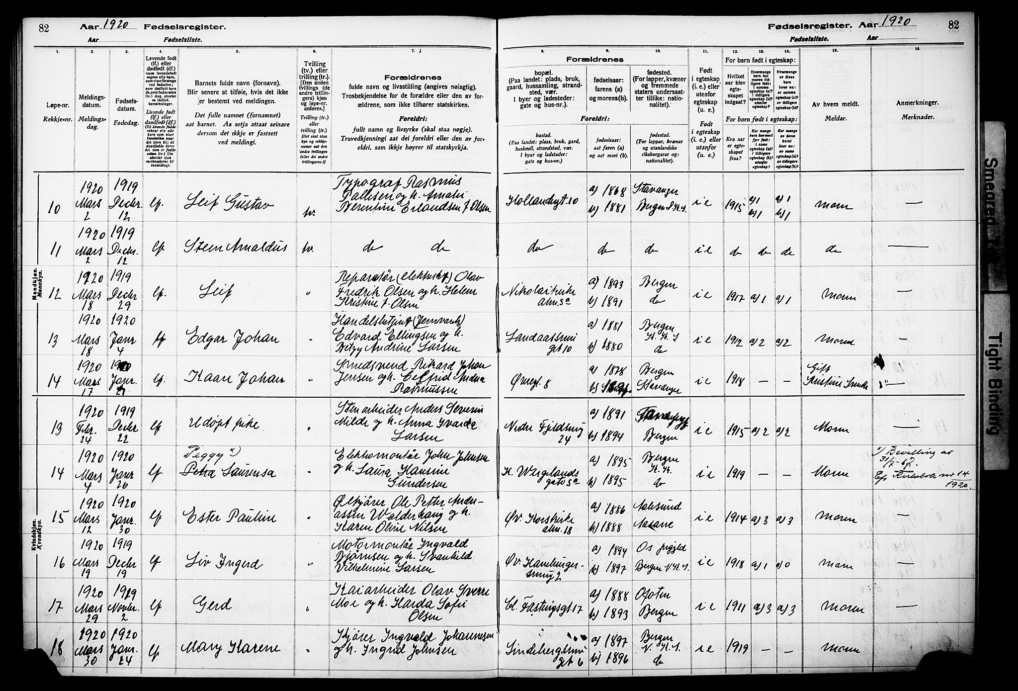 Korskirken sokneprestembete, SAB/A-76101/I/Id/L00A1: Fødselsregister nr. A 1, 1916-1929, s. 82