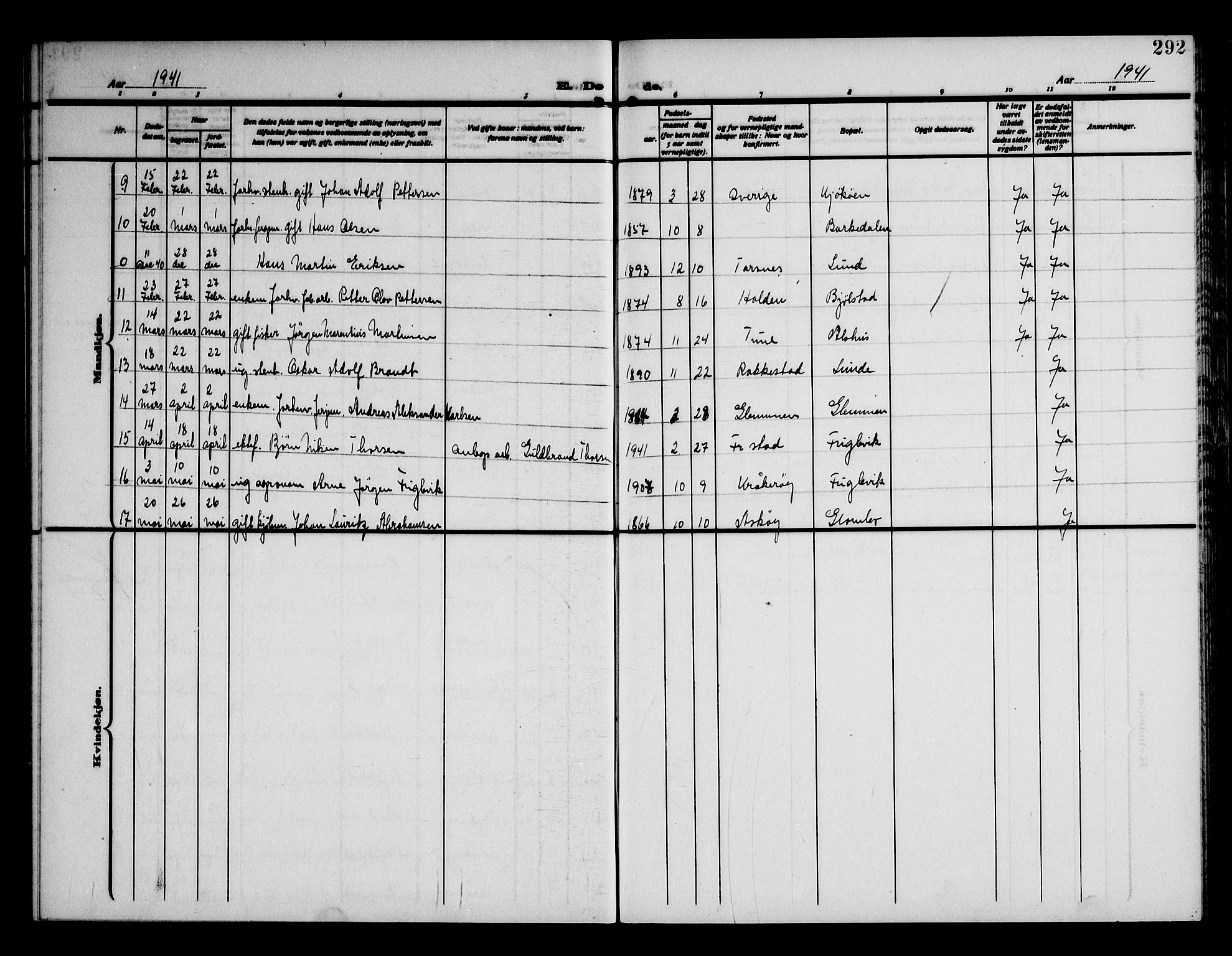 Kråkerøy prestekontor Kirkebøker, AV/SAO-A-10912/G/Ga/L0002: Klokkerbok nr. 2, 1908-1952, s. 292