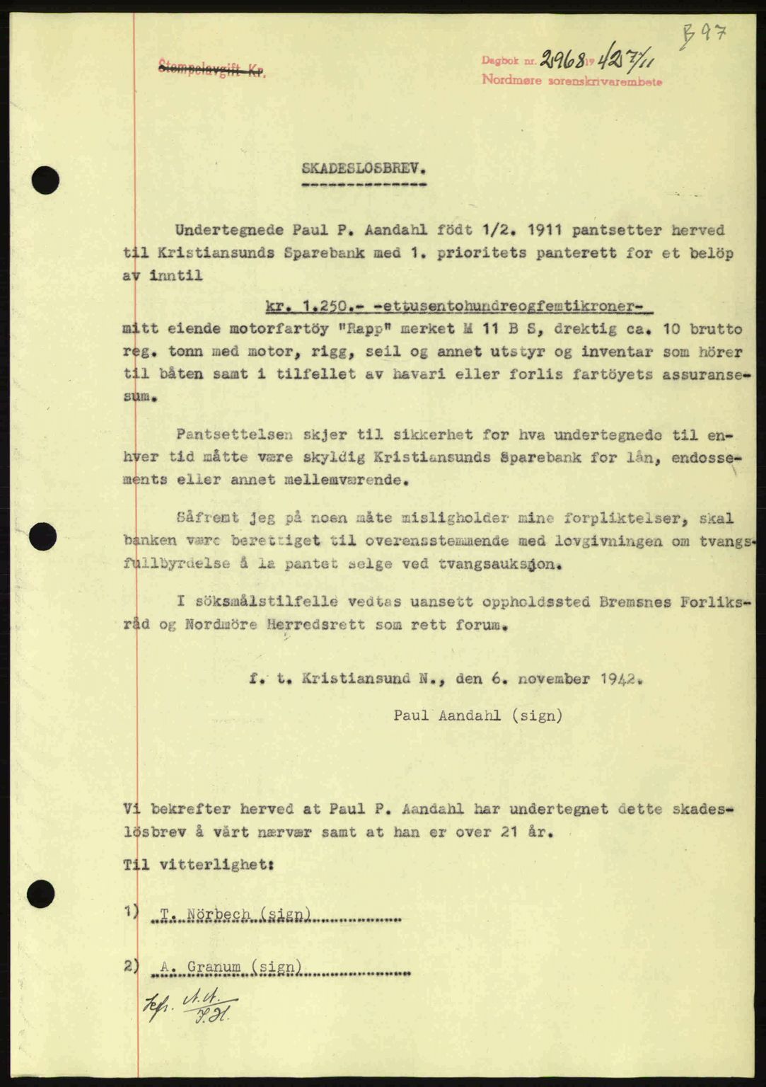 Nordmøre sorenskriveri, SAT/A-4132/1/2/2Ca: Pantebok nr. B90, 1942-1943, Dagboknr: 2968/1942