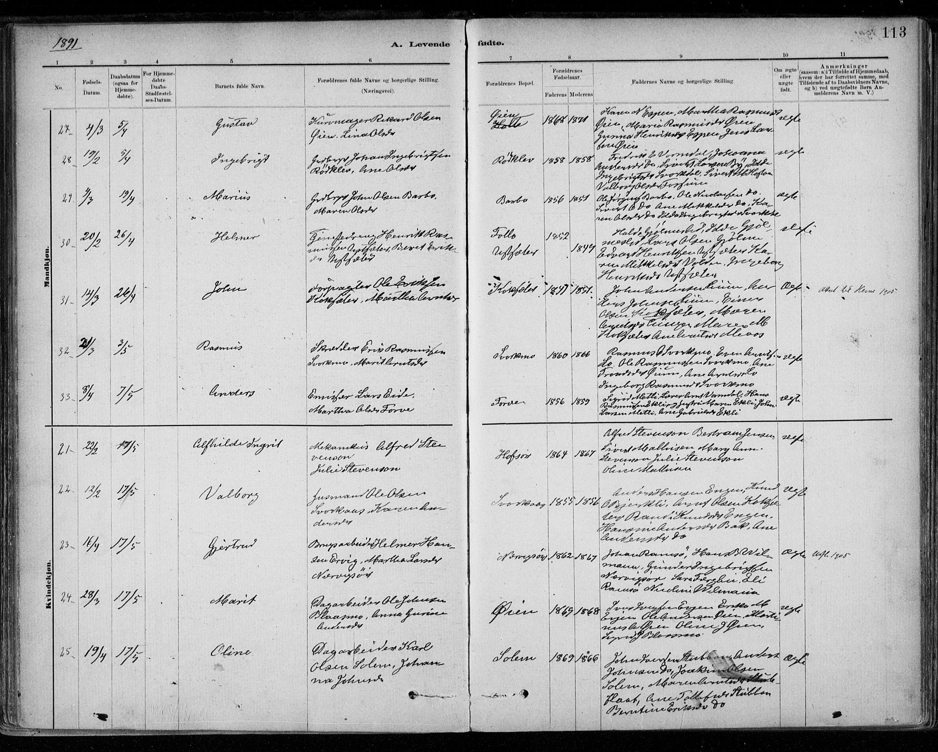 Ministerialprotokoller, klokkerbøker og fødselsregistre - Sør-Trøndelag, SAT/A-1456/668/L0809: Ministerialbok nr. 668A09, 1881-1895, s. 113