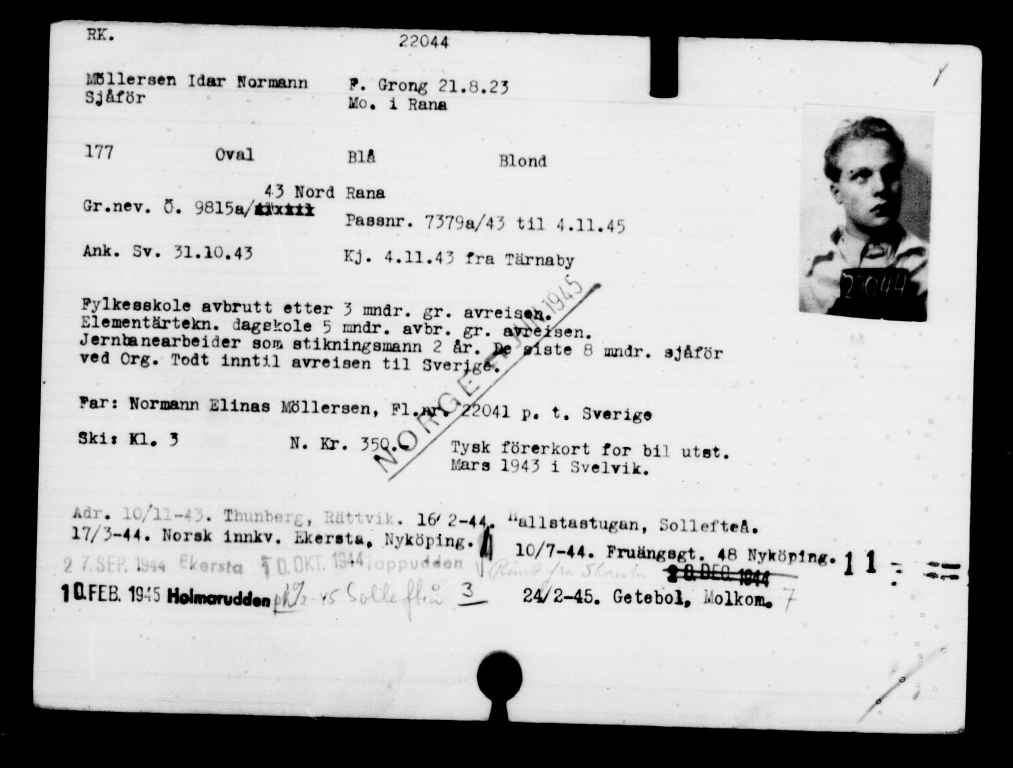 Utenriksstasjonene, Legasjonen i Stockholm, Flyktningkontoret, AV/RA-S-6753/V/Va/L0009: Kjesäterkartoteket, flyktninger med registreringsnr. 18502-22048, 1940-1945, s. 3092