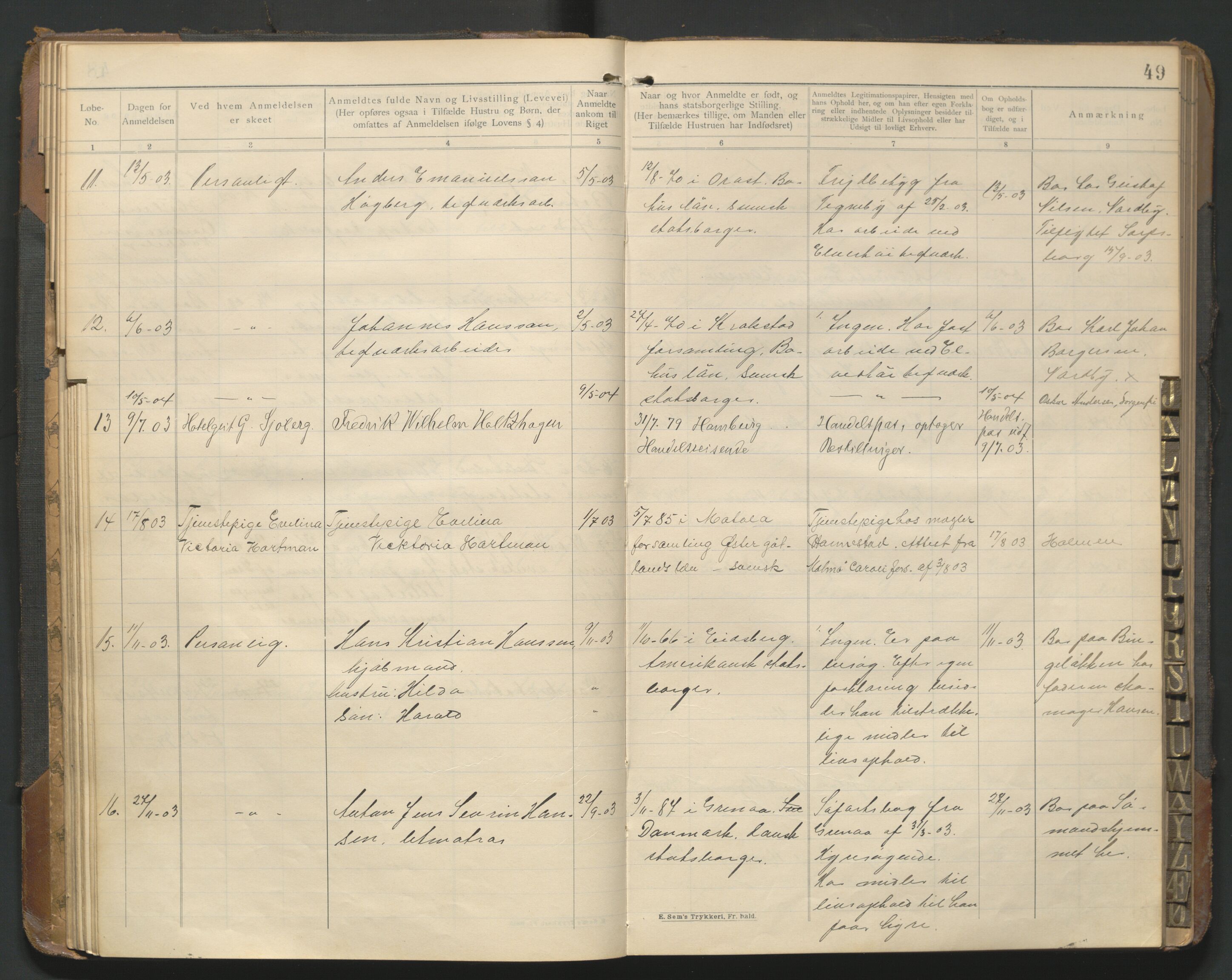 Fredrikstad politikammer, AV/SAO-A-10055/H/Hb/Hba/L0001: Protokoll over fremmede statsborgere, 1901-1916, s. 48b-49a