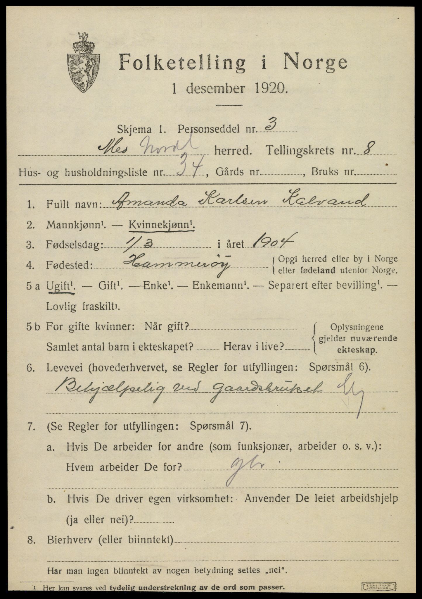 SAT, Folketelling 1920 for 1833 Mo herred, 1920, s. 8517