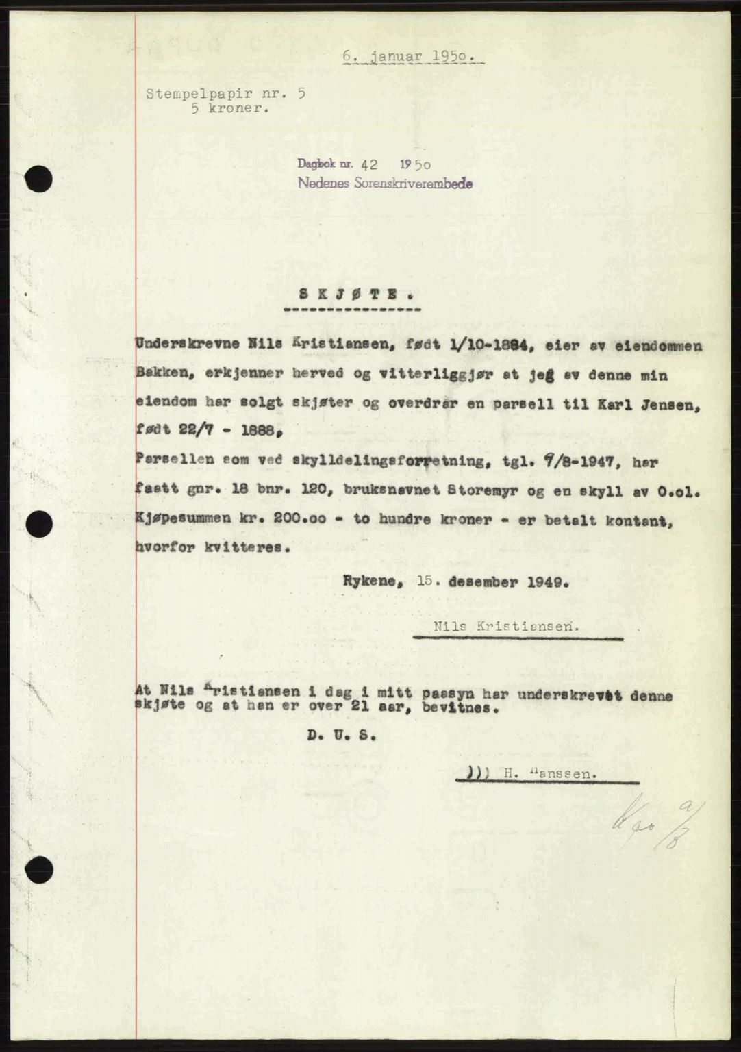 Nedenes sorenskriveri, SAK/1221-0006/G/Gb/Gba/L0062: Pantebok nr. A14, 1949-1950, Dagboknr: 42/1950