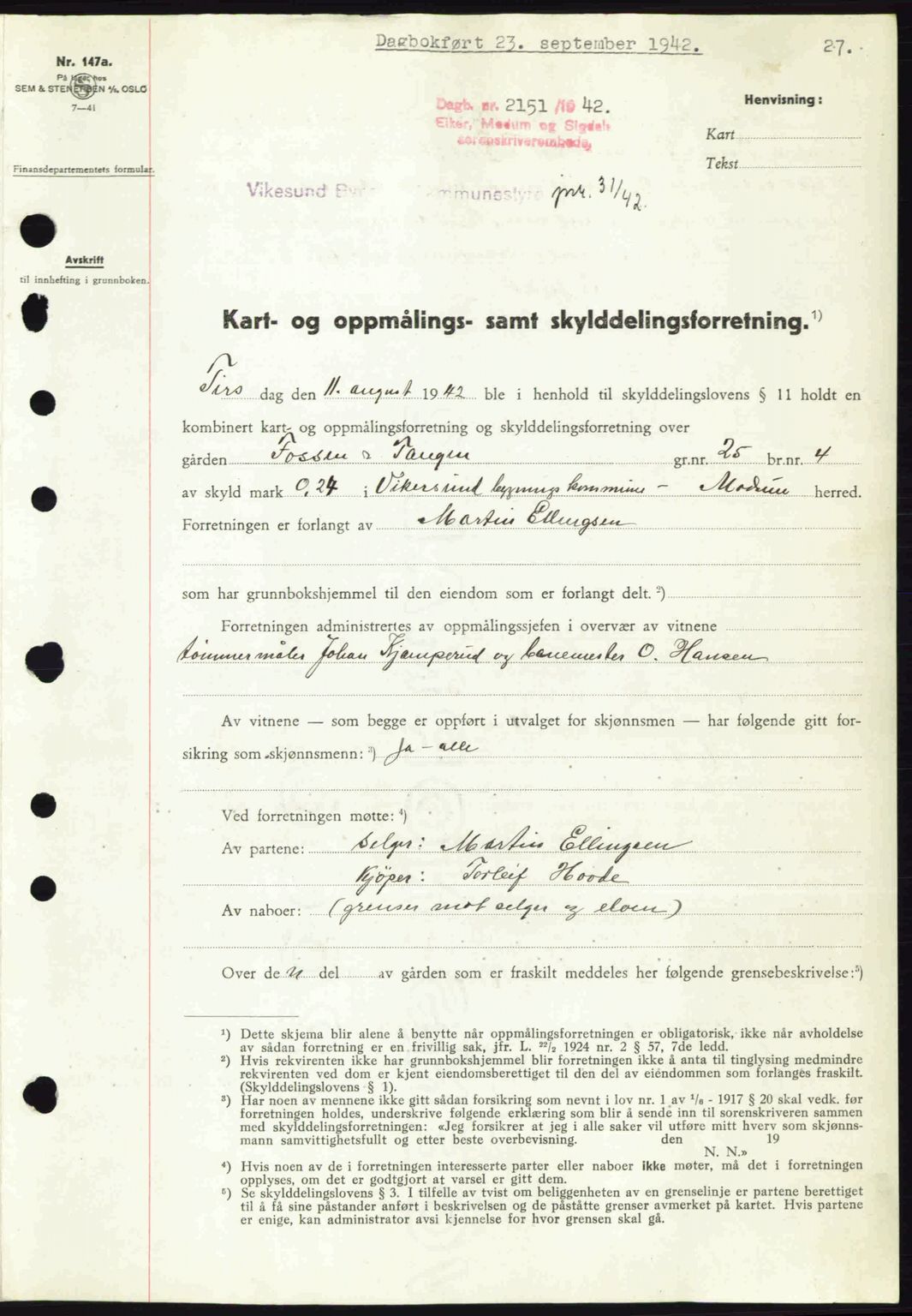 Eiker, Modum og Sigdal sorenskriveri, SAKO/A-123/G/Ga/Gab/L0047: Pantebok nr. A17, 1942-1943, Dagboknr: 2151/1942