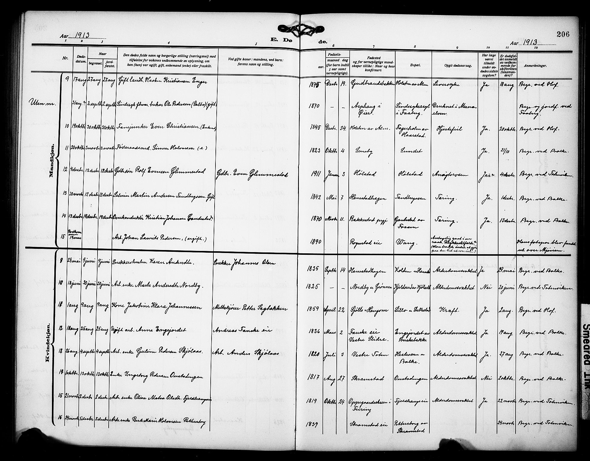 Østre Toten prestekontor, AV/SAH-PREST-104/H/Ha/Hab/L0008: Klokkerbok nr. 8, 1913-1929, s. 206