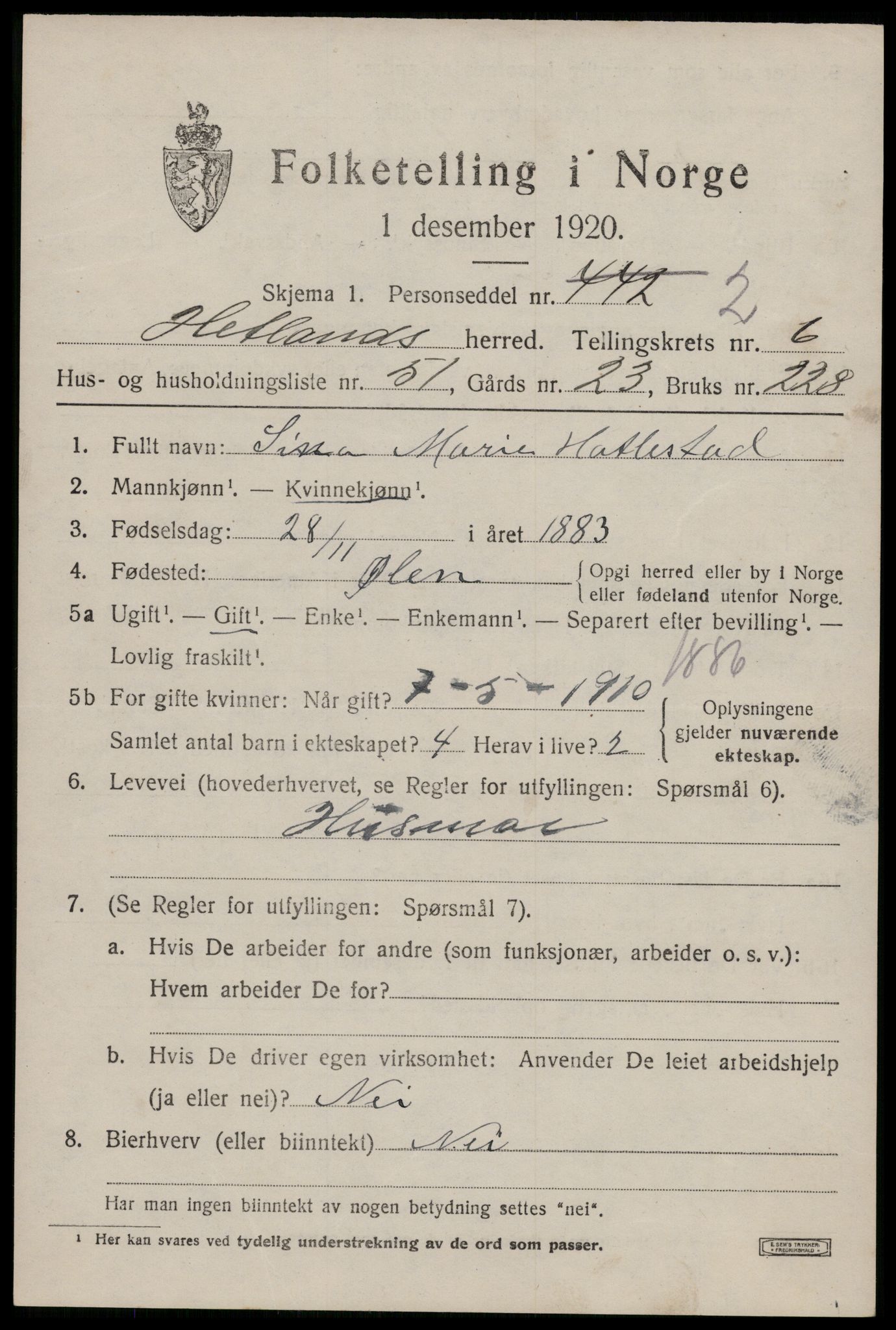 SAST, Folketelling 1920 for 1126 Hetland herred, 1920, s. 10333