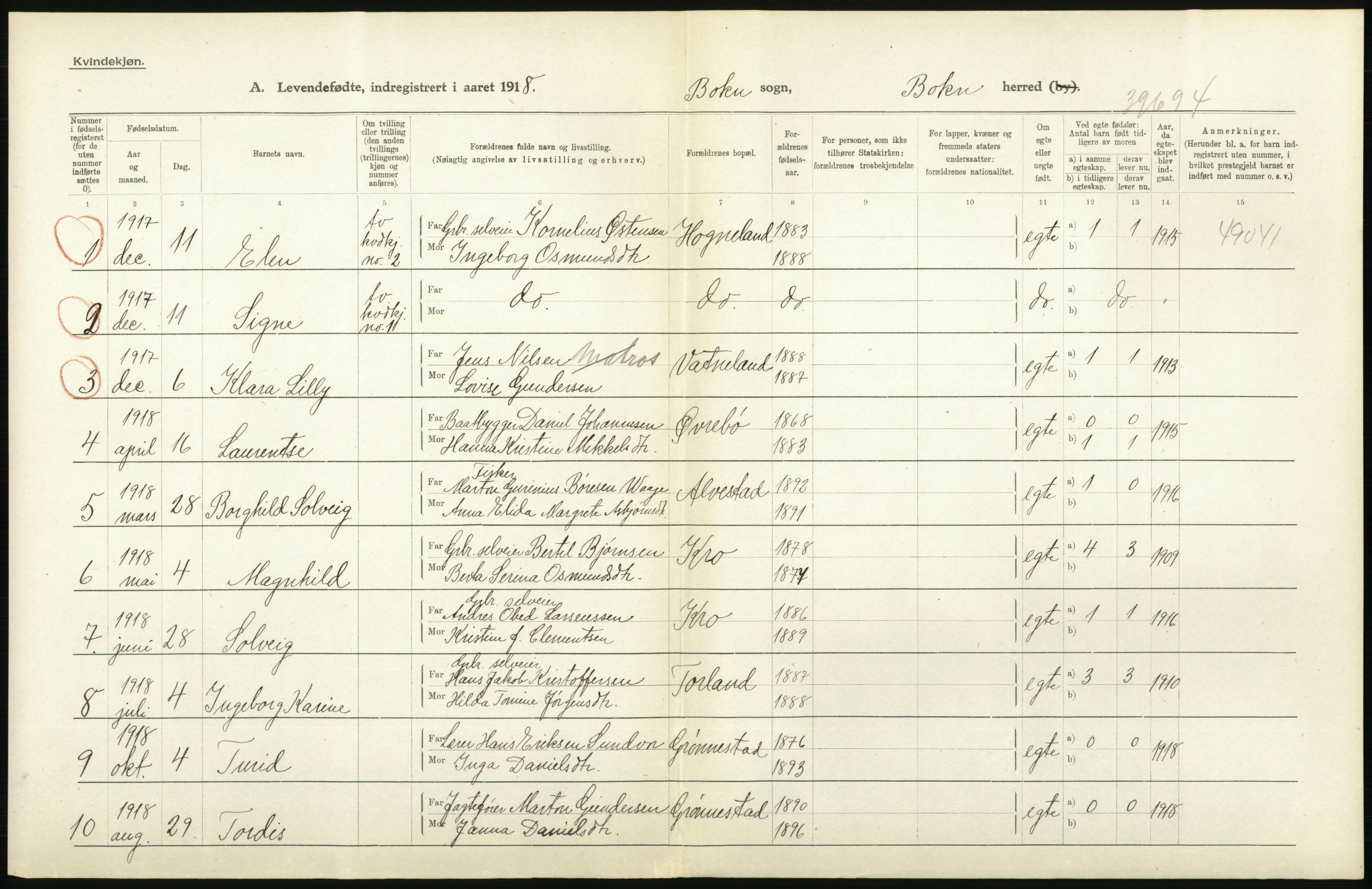 Statistisk sentralbyrå, Sosiodemografiske emner, Befolkning, AV/RA-S-2228/D/Df/Dfb/Dfbh/L0031: Rogaland fylke: Levendefødte menn og kvinner. Bygder., 1918