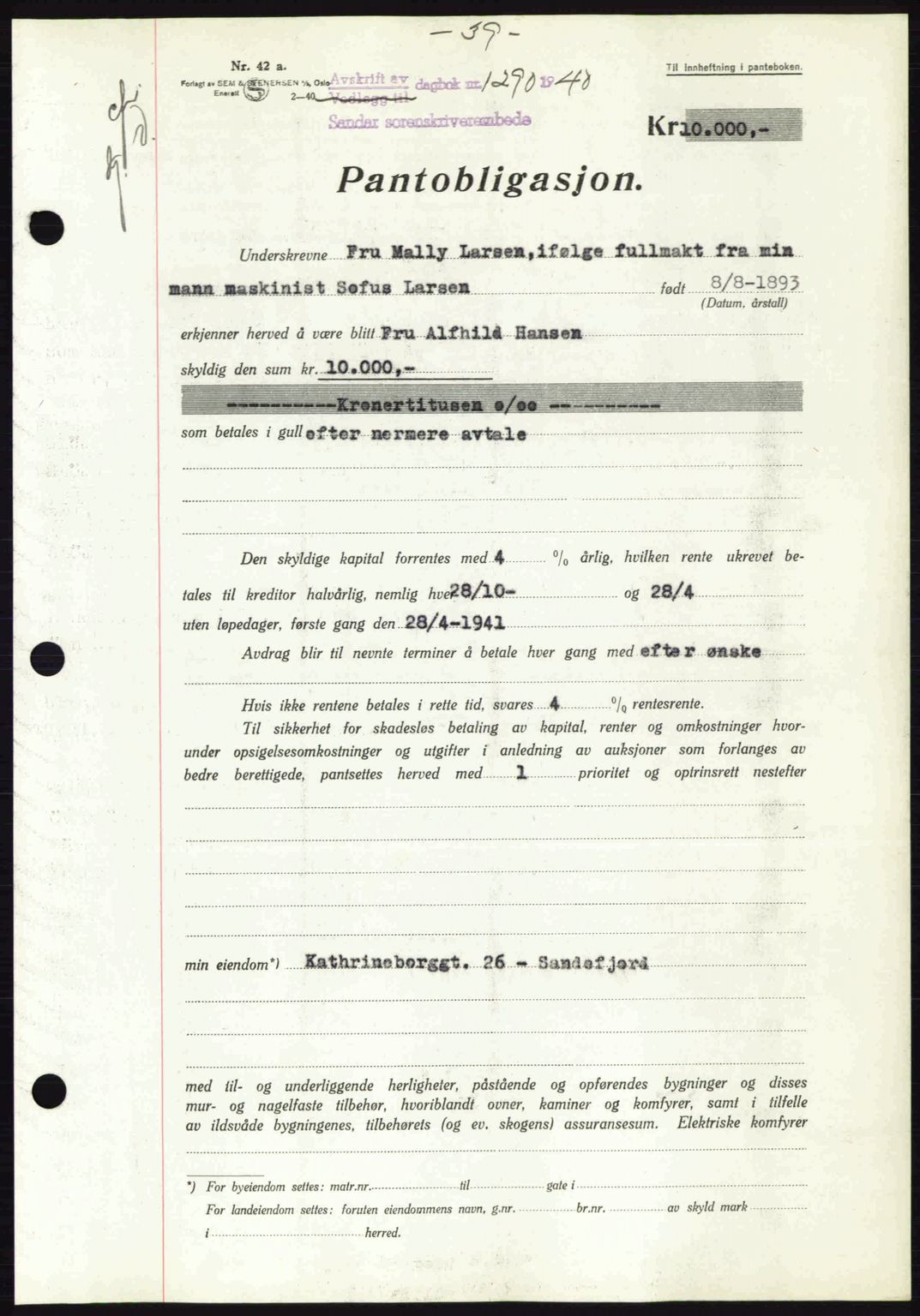 Sandar sorenskriveri, SAKO/A-86/G/Ga/Gab/L0001: Pantebok nr. B-1 og B-3 - B-9, 1936-1944, Dagboknr: 1290/1940