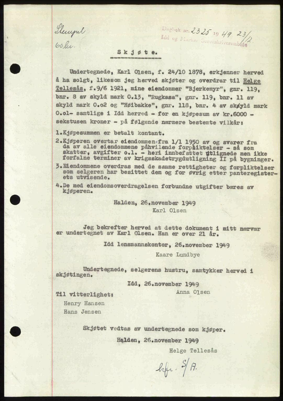Idd og Marker sorenskriveri, SAO/A-10283/G/Gb/Gbb/L0013: Pantebok nr. A13, 1949-1950, Dagboknr: 2325/1949
