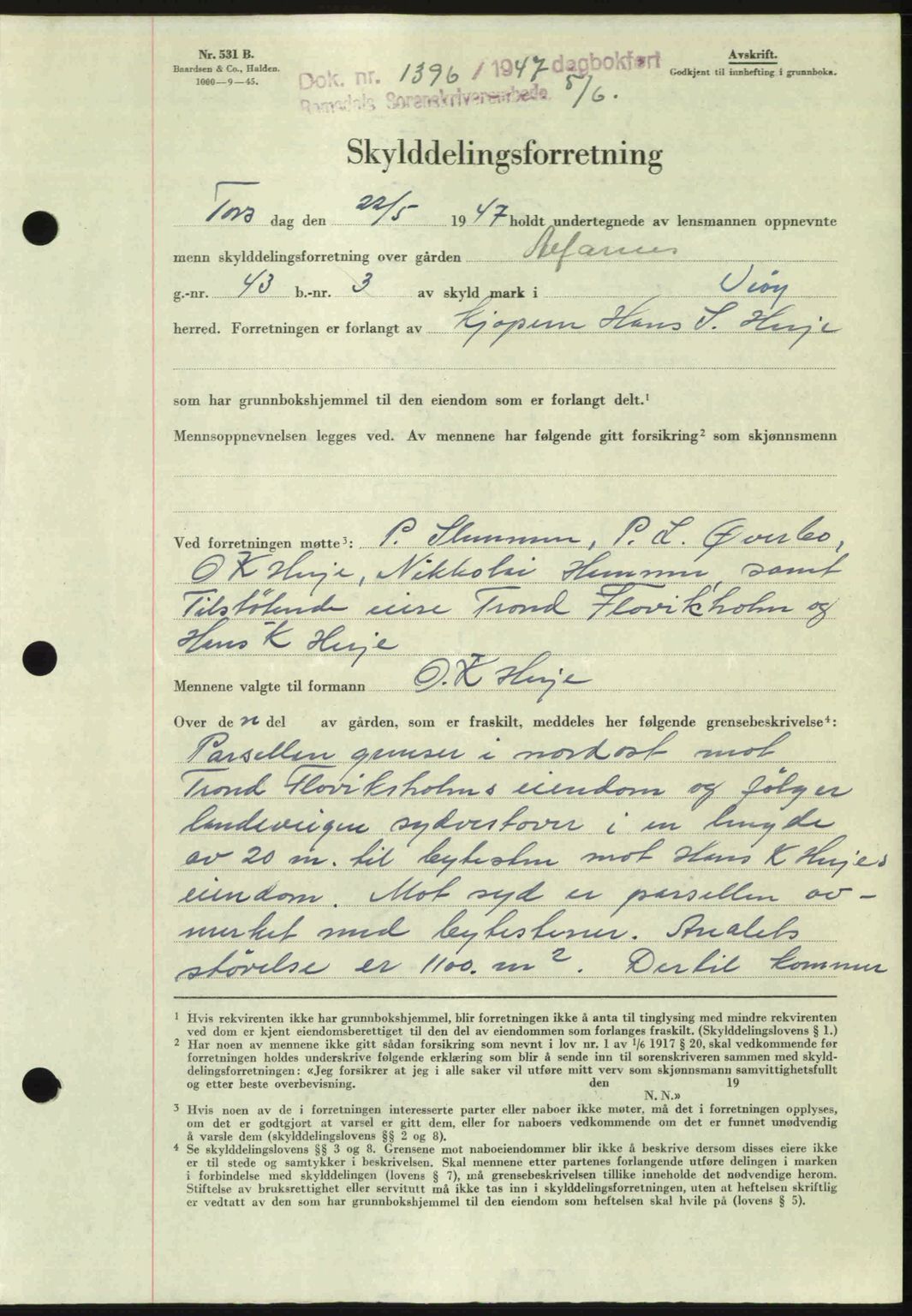 Romsdal sorenskriveri, AV/SAT-A-4149/1/2/2C: Pantebok nr. A23, 1947-1947, Dagboknr: 1396/1947