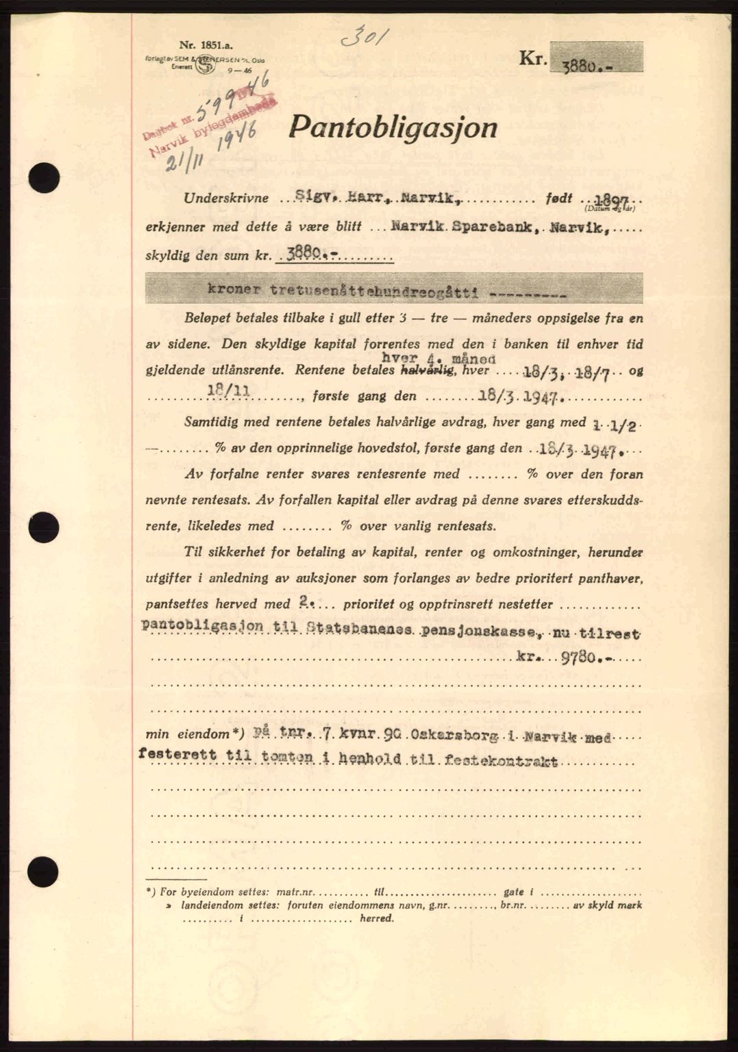 Narvik sorenskriveri, SAT/A-0002/1/2/2C/2Ca: Pantebok nr. A21, 1946-1947, Dagboknr: 599/1946