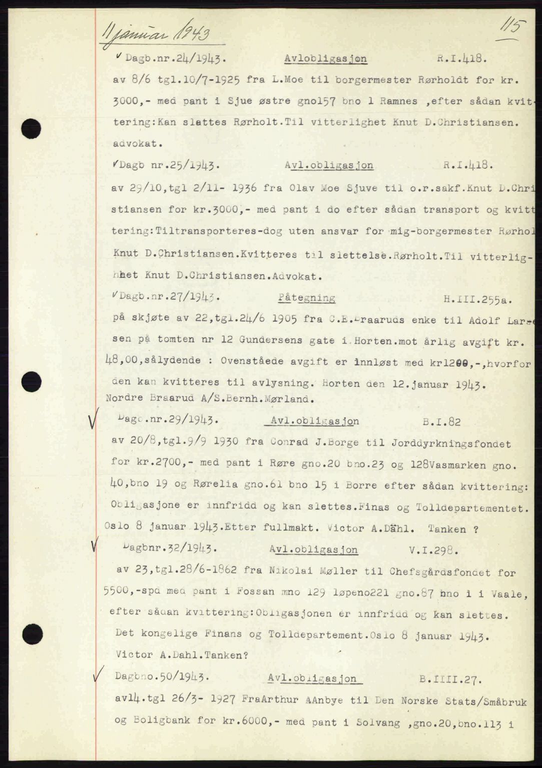 Horten sorenskriveri, SAKO/A-133/G/Ga/Gab/L0003: Pantebok nr. B-5 - B-6, 1941-1943, Dagboknr: 24/1943