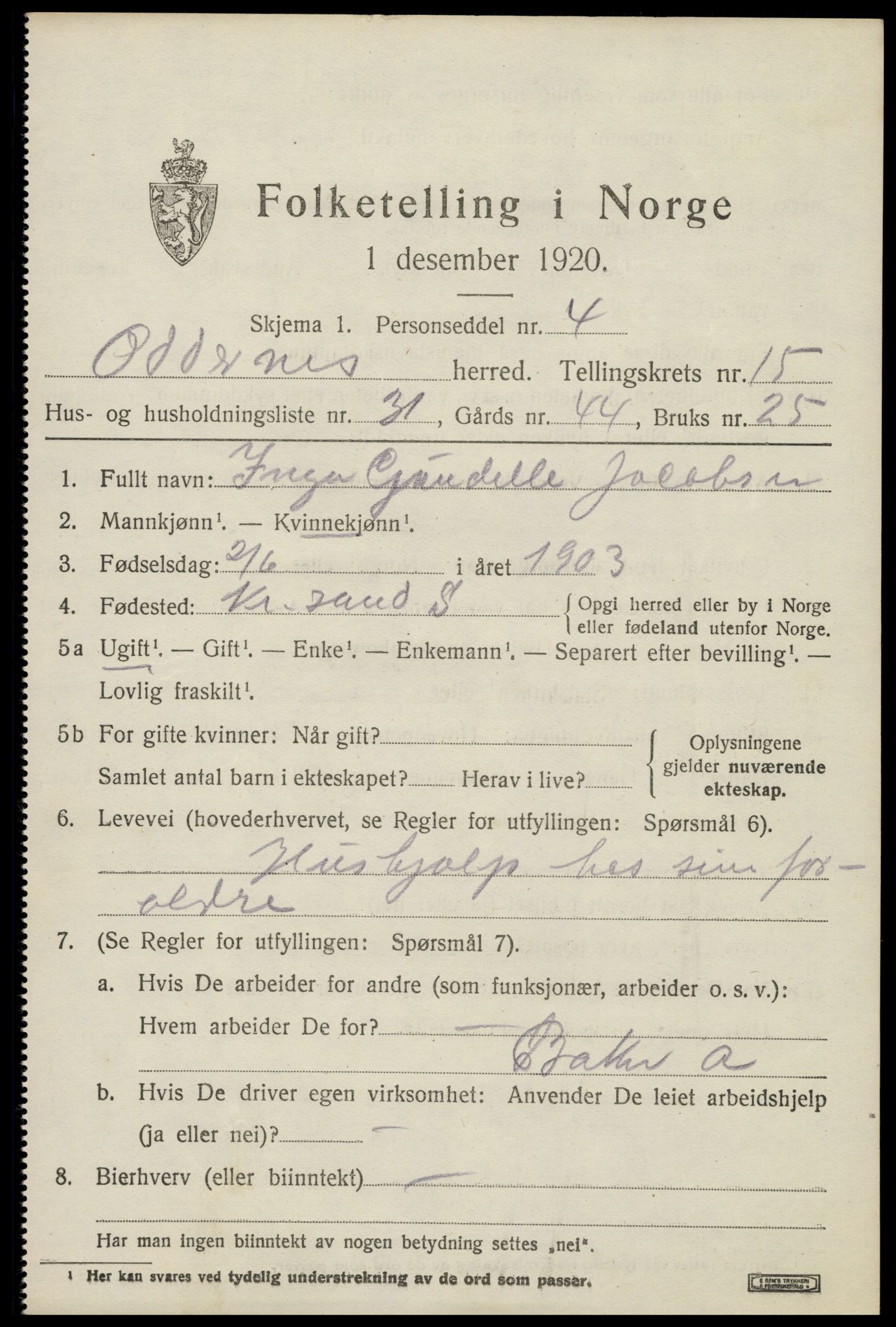 SAK, Folketelling 1920 for 1012 Oddernes herred, 1920, s. 10337