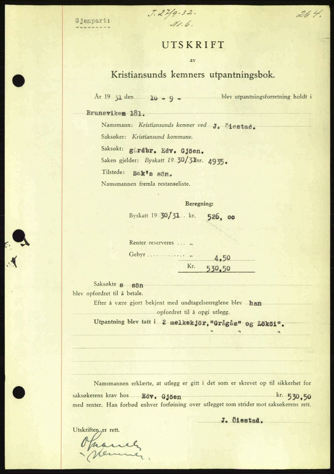 Kristiansund byfogd, AV/SAT-A-4587/A/27: Pantebok nr. 26, 1931-1933, Tingl.dato: 27.09.1932