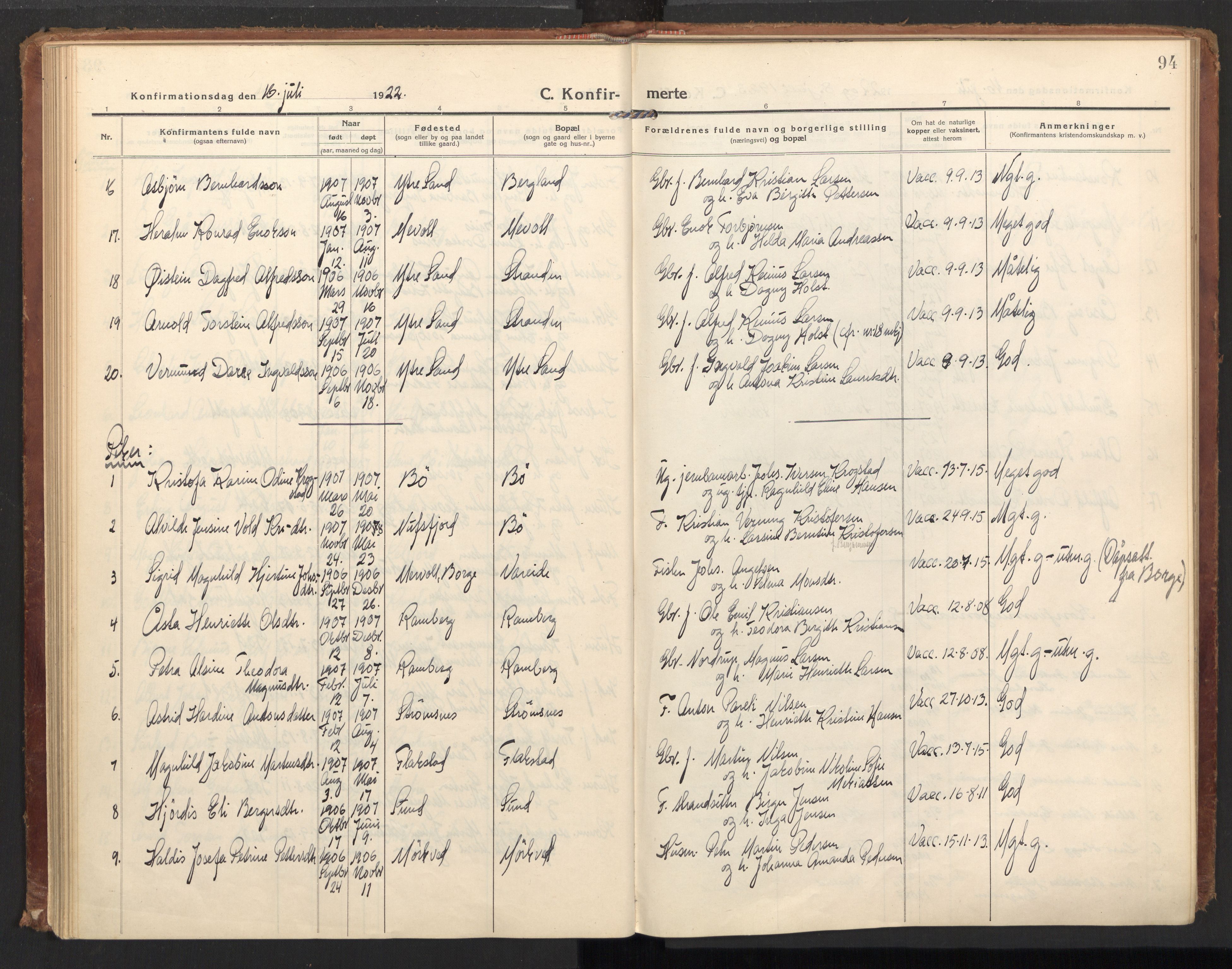 Ministerialprotokoller, klokkerbøker og fødselsregistre - Nordland, AV/SAT-A-1459/885/L1210: Ministerialbok nr. 885A10, 1916-1926, s. 94