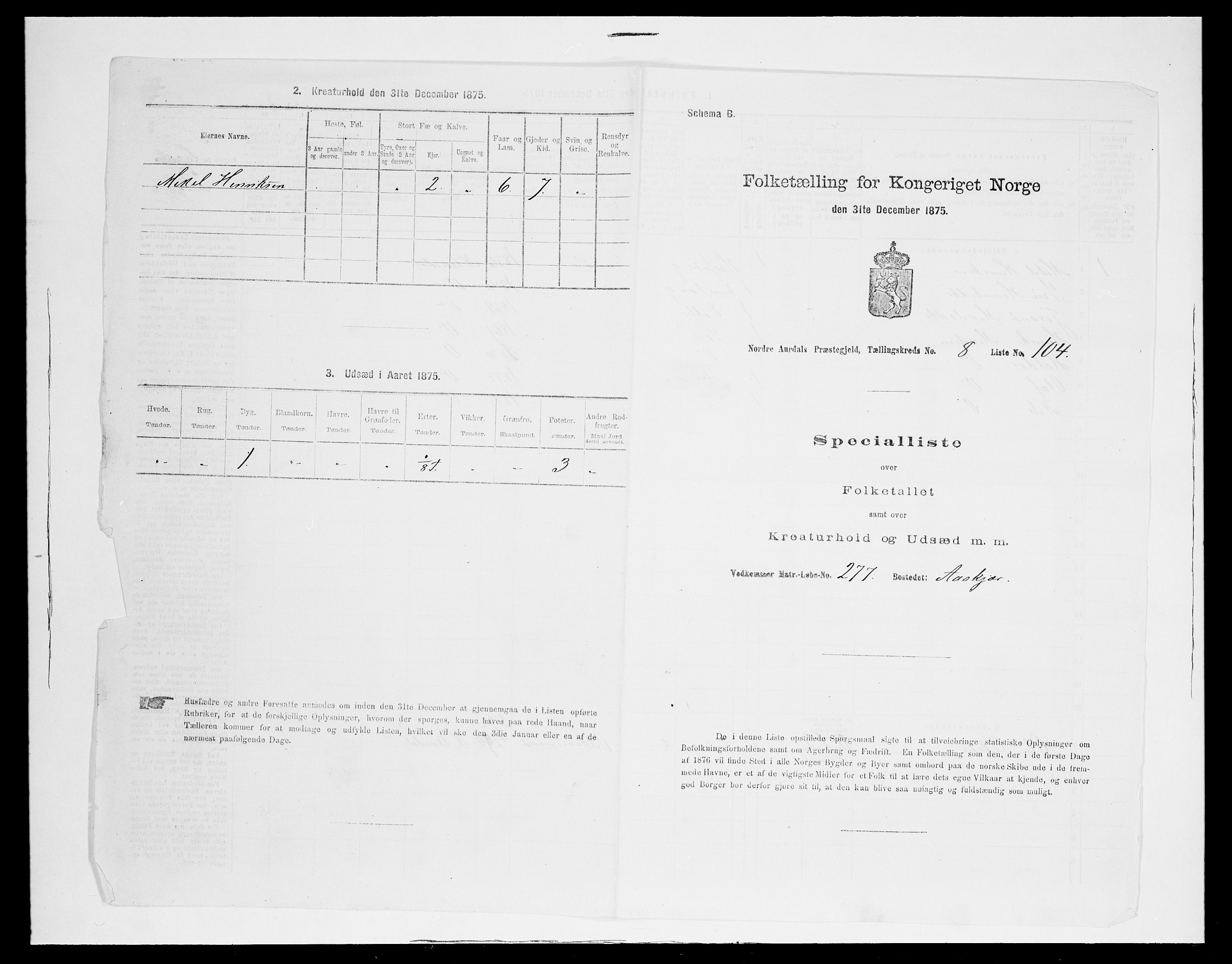 SAH, Folketelling 1875 for 0542P Nord-Aurdal prestegjeld, 1875, s. 1487