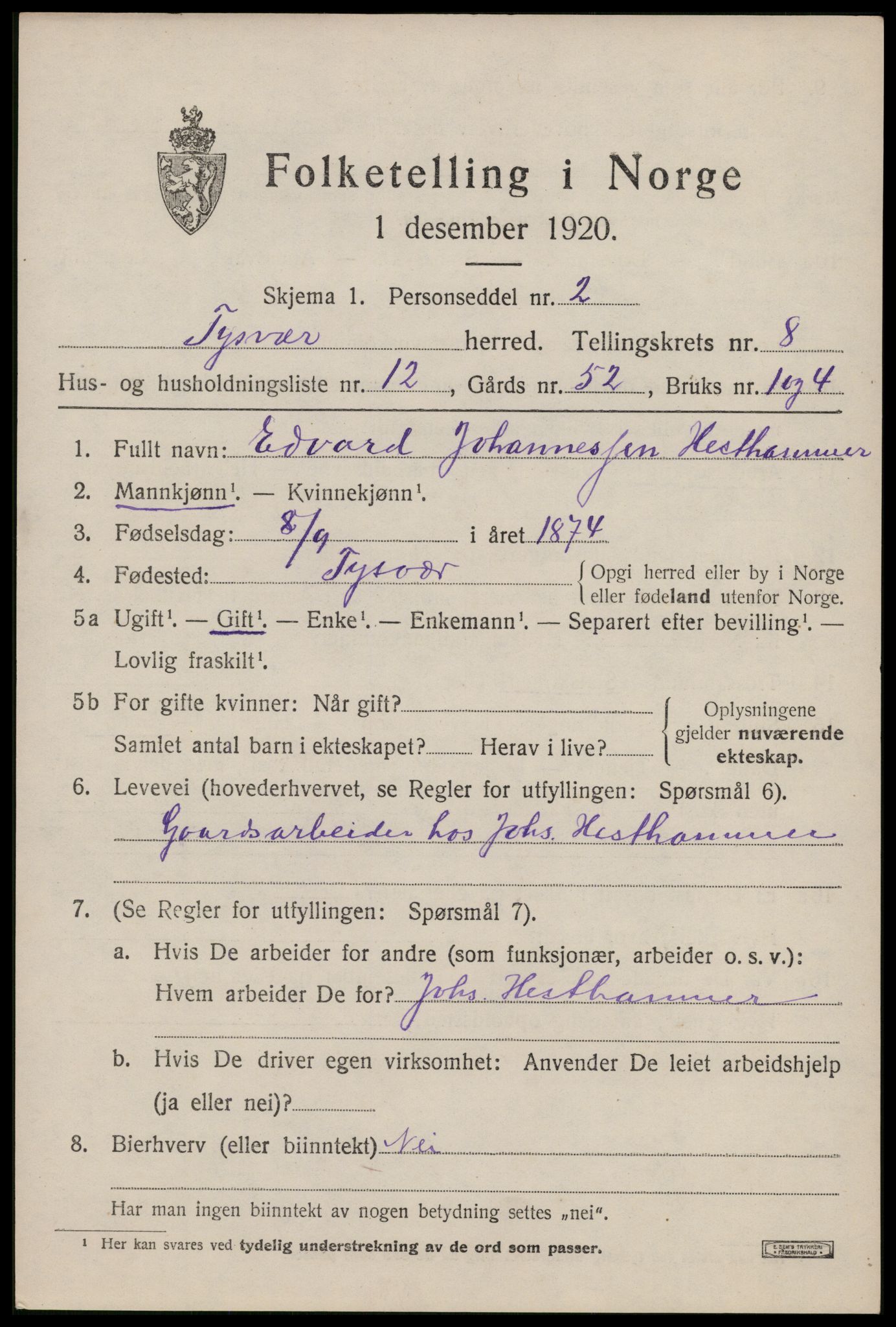 SAST, Folketelling 1920 for 1146 Tysvær herred, 1920, s. 3210