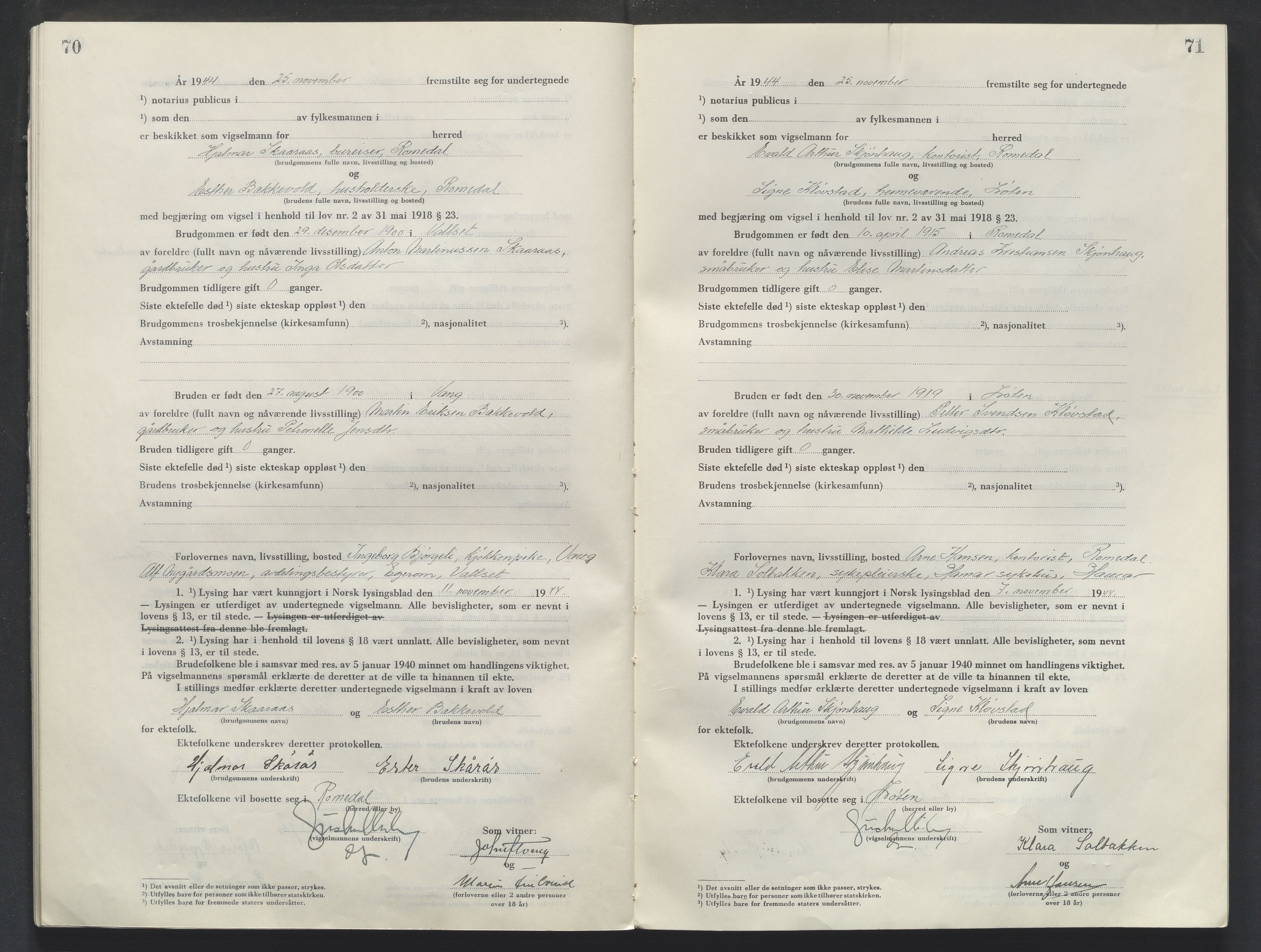 Sør-Hedmark sorenskriveri, AV/SAH-TING-014/L/Le/L0002/0001: Vigselsbøker / Vigselbok, 1944-1945, s. 70-71