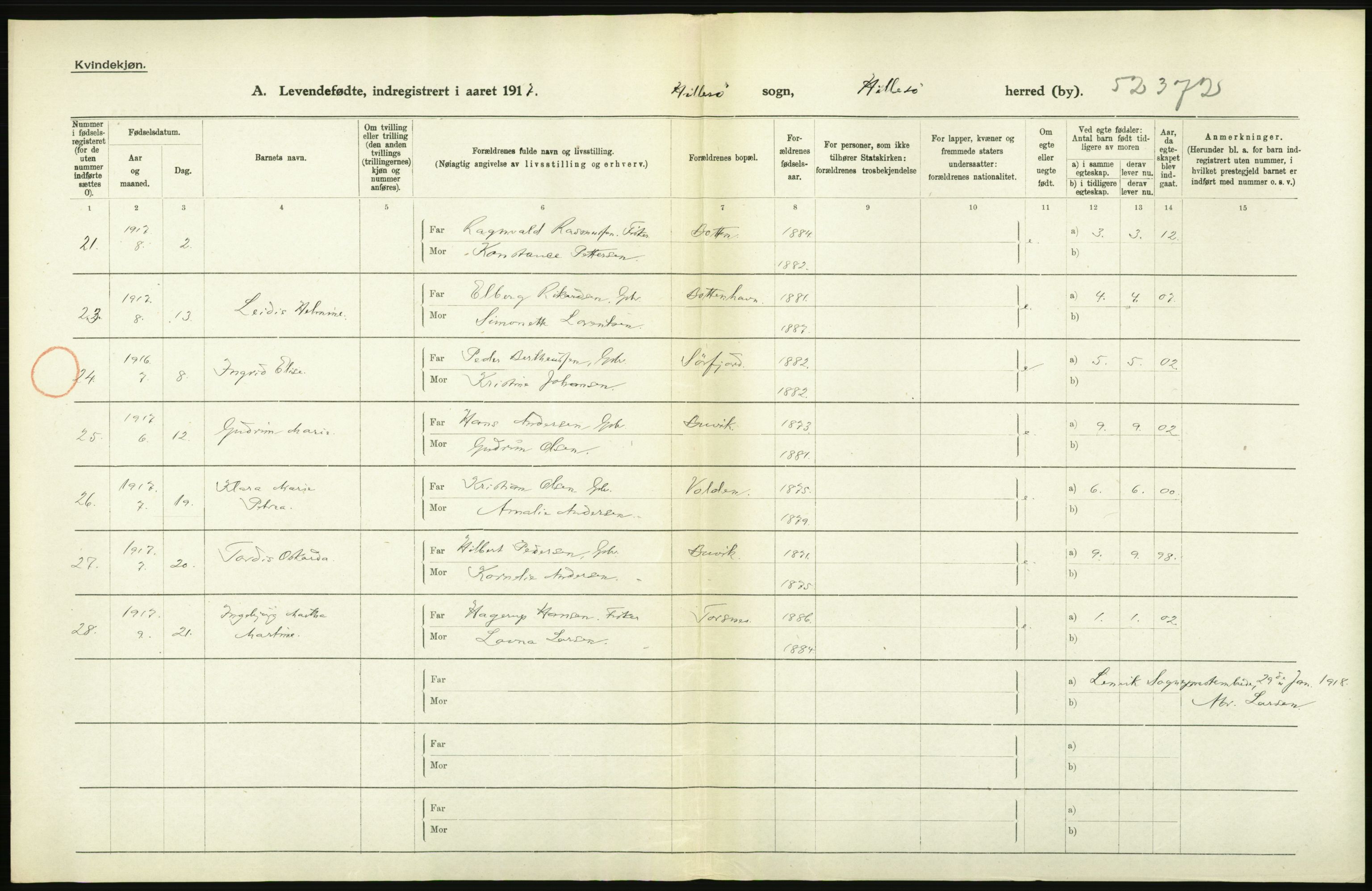 Statistisk sentralbyrå, Sosiodemografiske emner, Befolkning, AV/RA-S-2228/D/Df/Dfb/Dfbg/L0053: Tromsø amt: Levendefødte menn og kvinner. Bygder og byer., 1917, s. 416