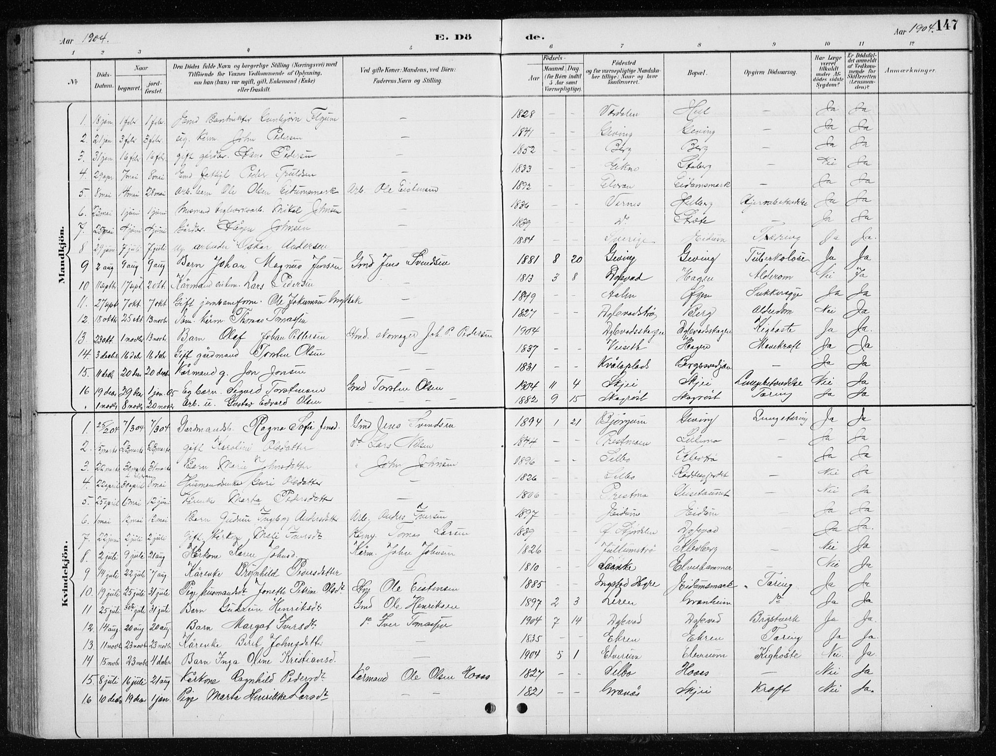 Ministerialprotokoller, klokkerbøker og fødselsregistre - Nord-Trøndelag, SAT/A-1458/710/L0096: Klokkerbok nr. 710C01, 1892-1925, s. 147