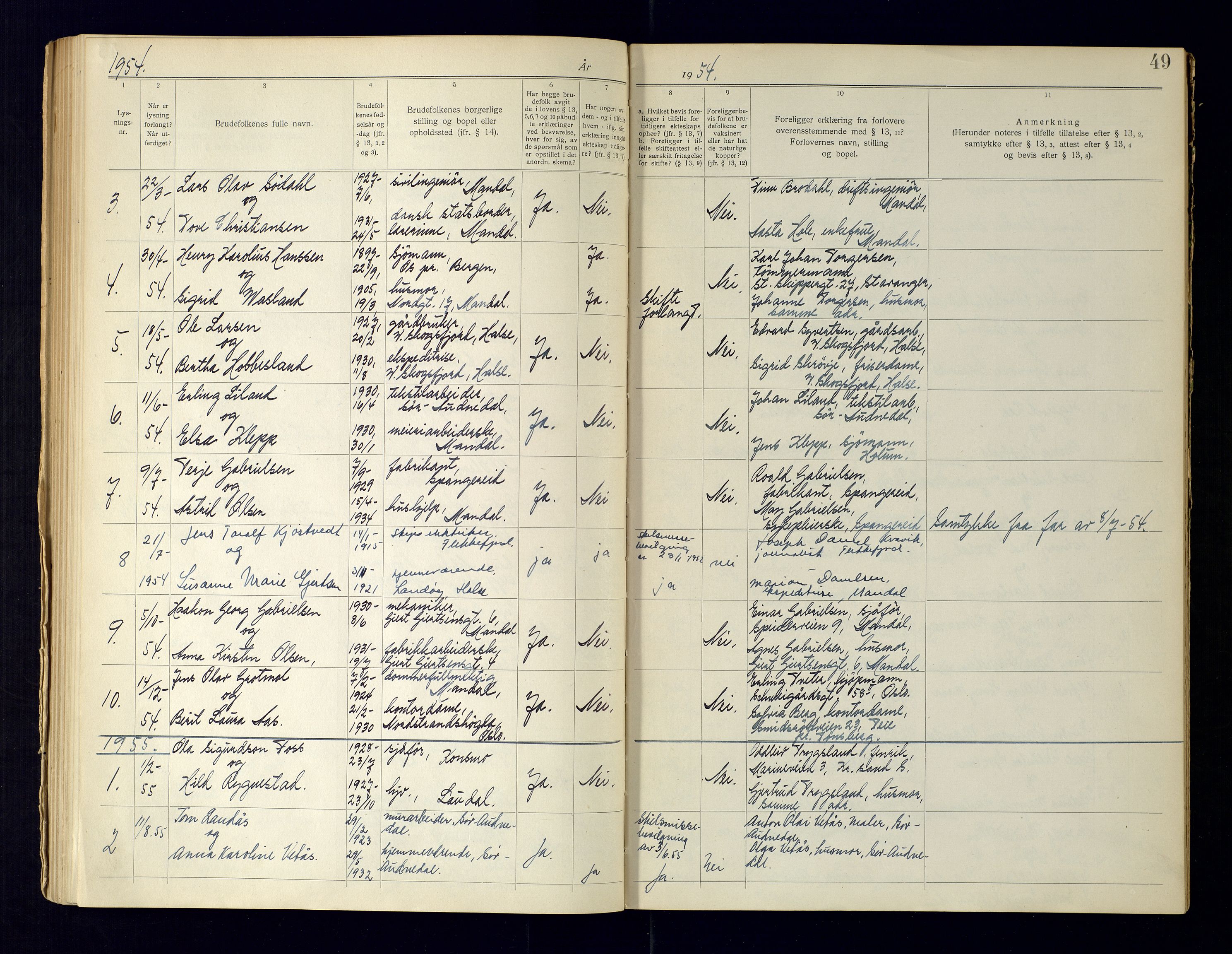 Mandal sorenskriveri, AV/SAK-1221-0005/002/L/L0275/0001: Lysingsbok Vigselbøker / Lysingsbok, 1919-1969, s. 49