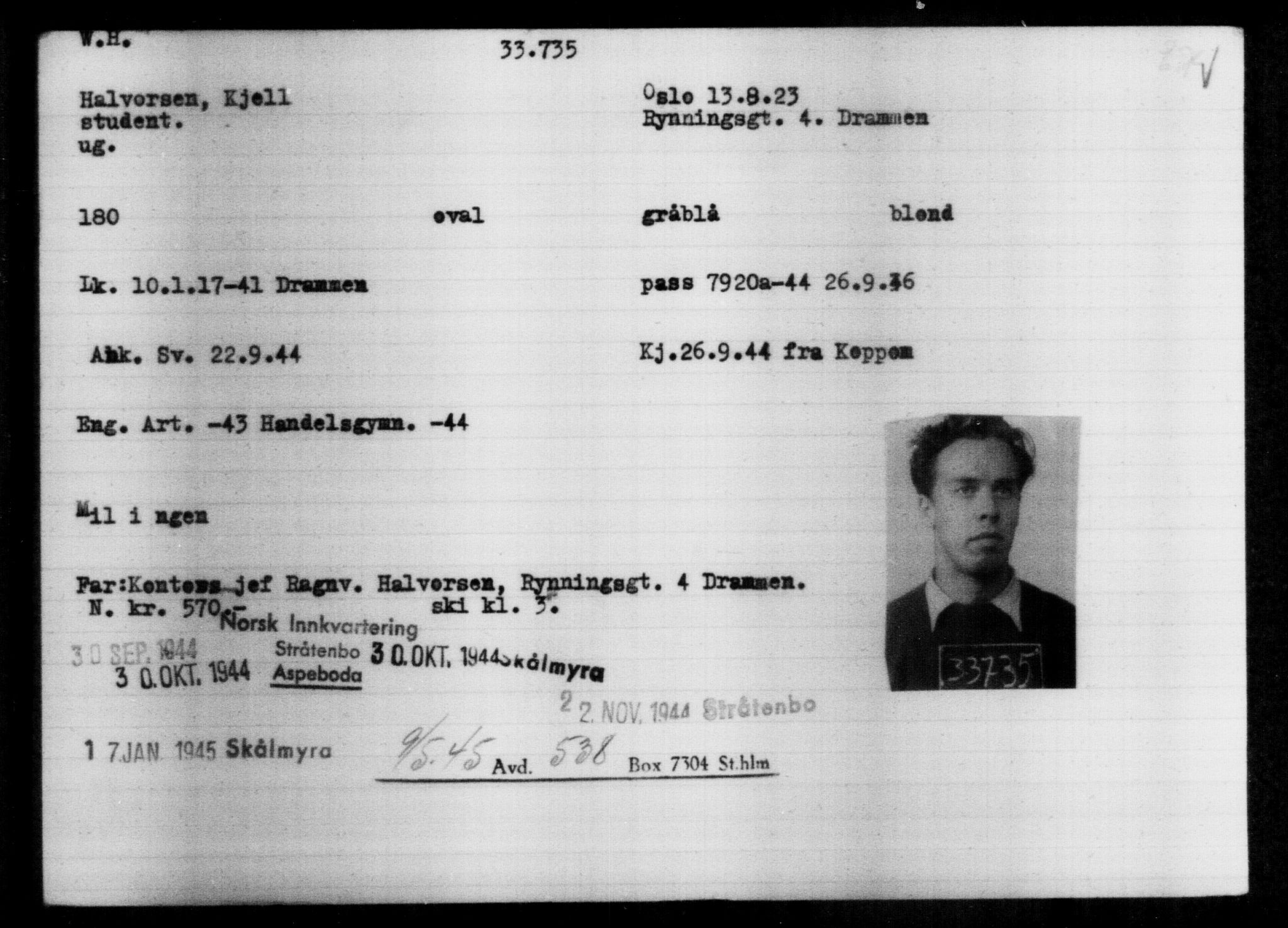 Utenriksstasjonene, Legasjonen i Stockholm, Flyktningkontoret, AV/RA-S-6753/V/Va/L0013: Kjesäterkartoteket, flyktninger med registreringsnr. 31500-34731, 1940-1945, s. 2360