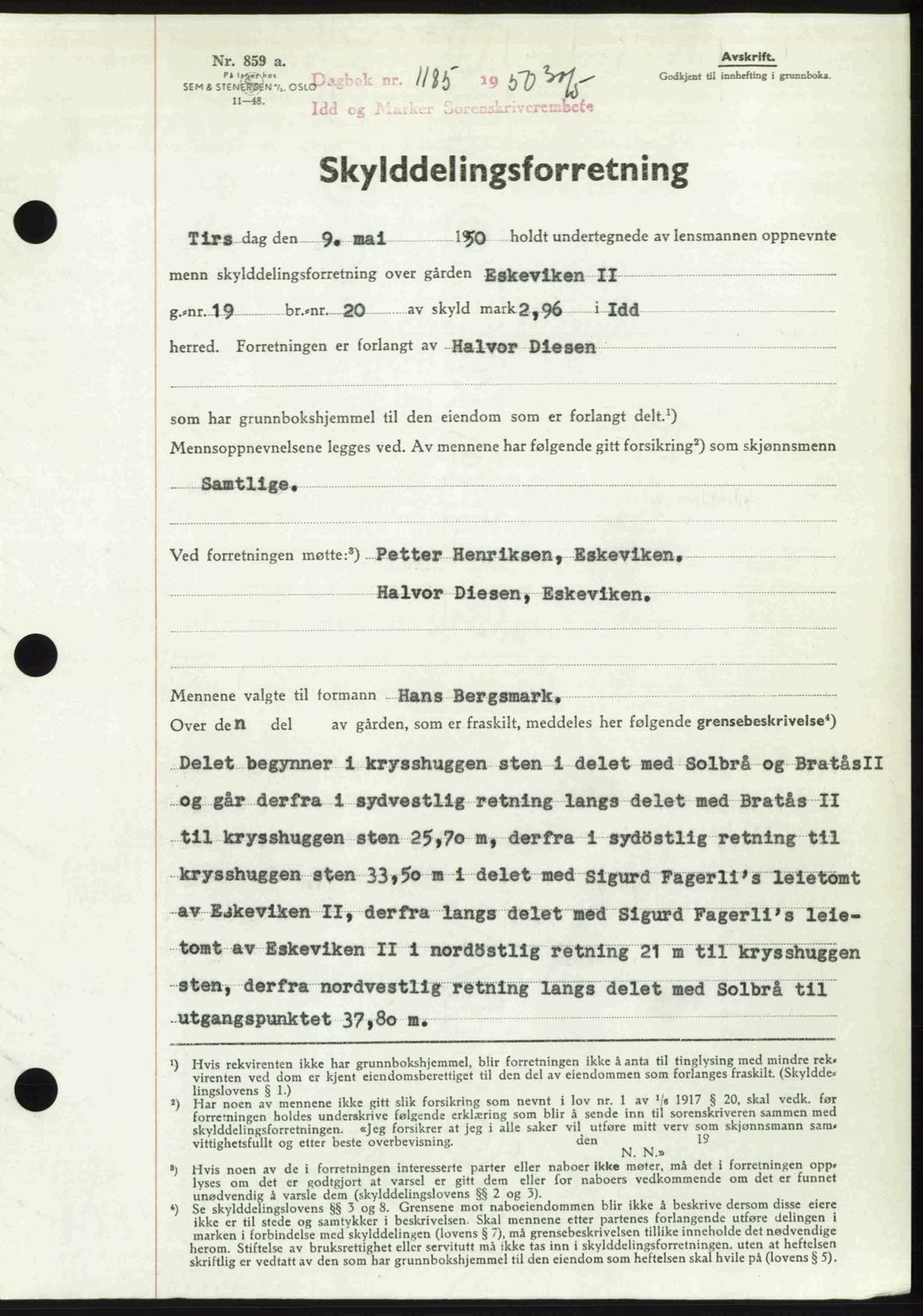 Idd og Marker sorenskriveri, AV/SAO-A-10283/G/Gb/Gbb/L0014: Pantebok nr. A14, 1950-1950, Dagboknr: 1185/1950
