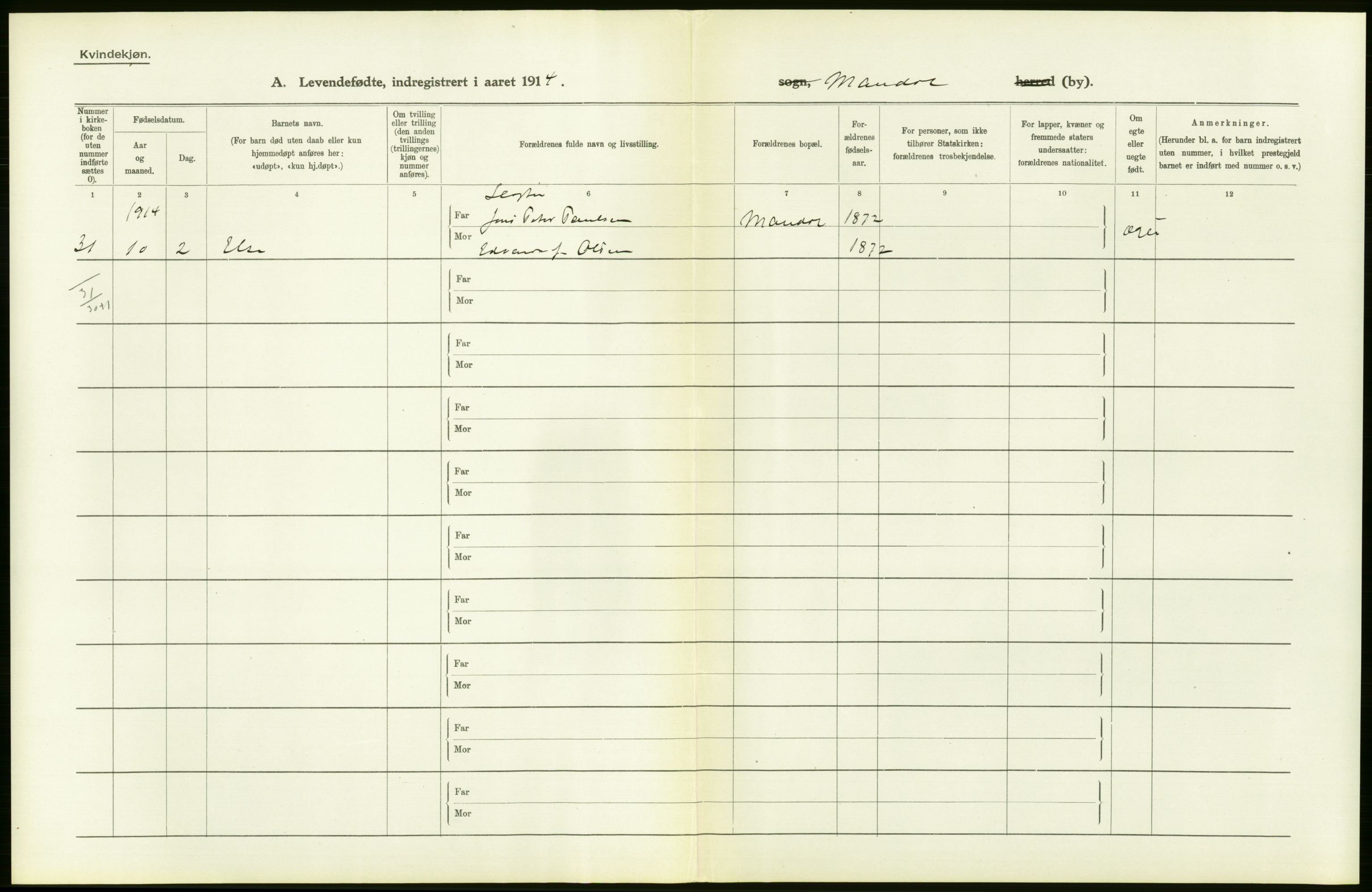 Statistisk sentralbyrå, Sosiodemografiske emner, Befolkning, AV/RA-S-2228/D/Df/Dfb/Dfbd/L0022: Lister og Mandals amt: Levendefødte menn og kvinner, samt gifte. Bygder og byer., 1914, s. 32