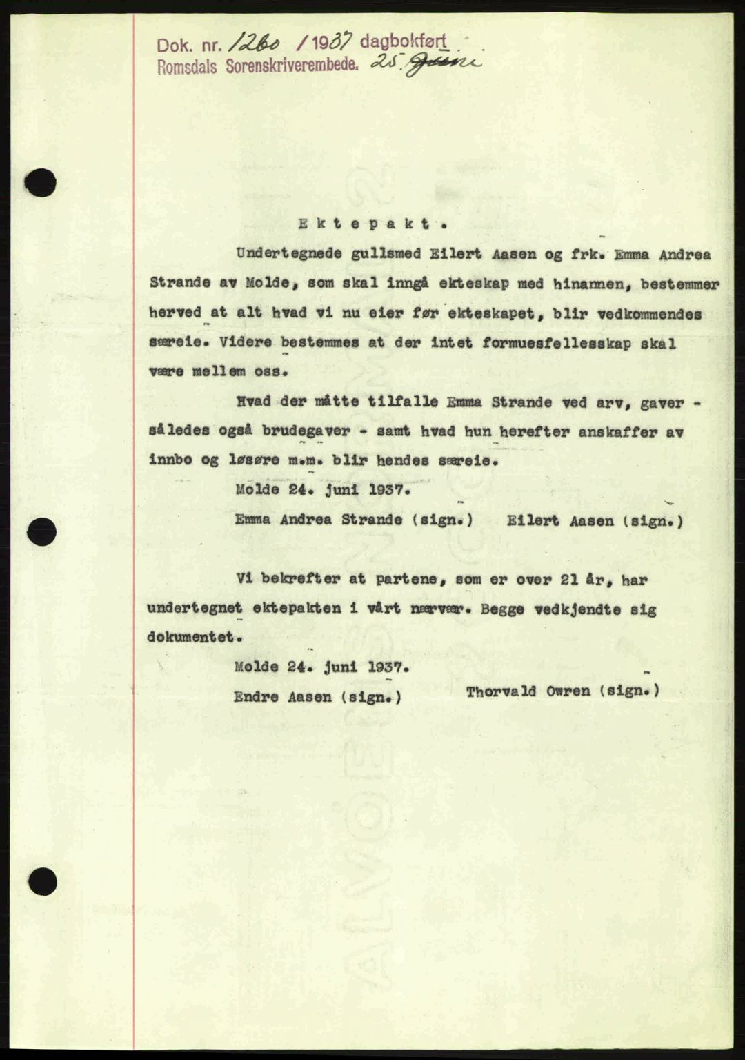Romsdal sorenskriveri, SAT/A-4149/1/2/2C: Pantebok nr. A3, 1937-1937, Dagboknr: 1260/1937