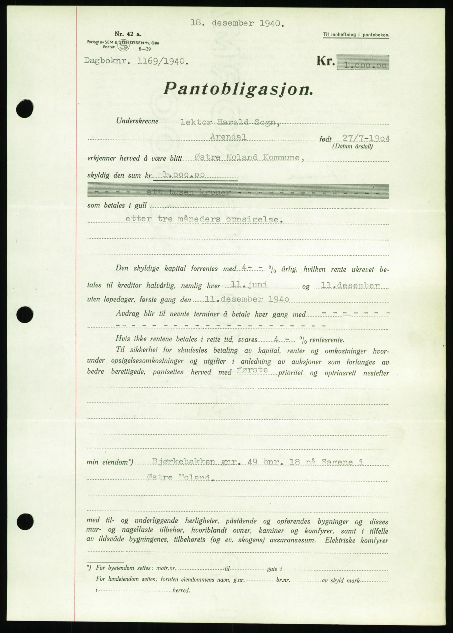 Nedenes sorenskriveri, SAK/1221-0006/G/Gb/Gbb/L0001: Pantebok nr. I, 1939-1942, Dagboknr: 1169/1940