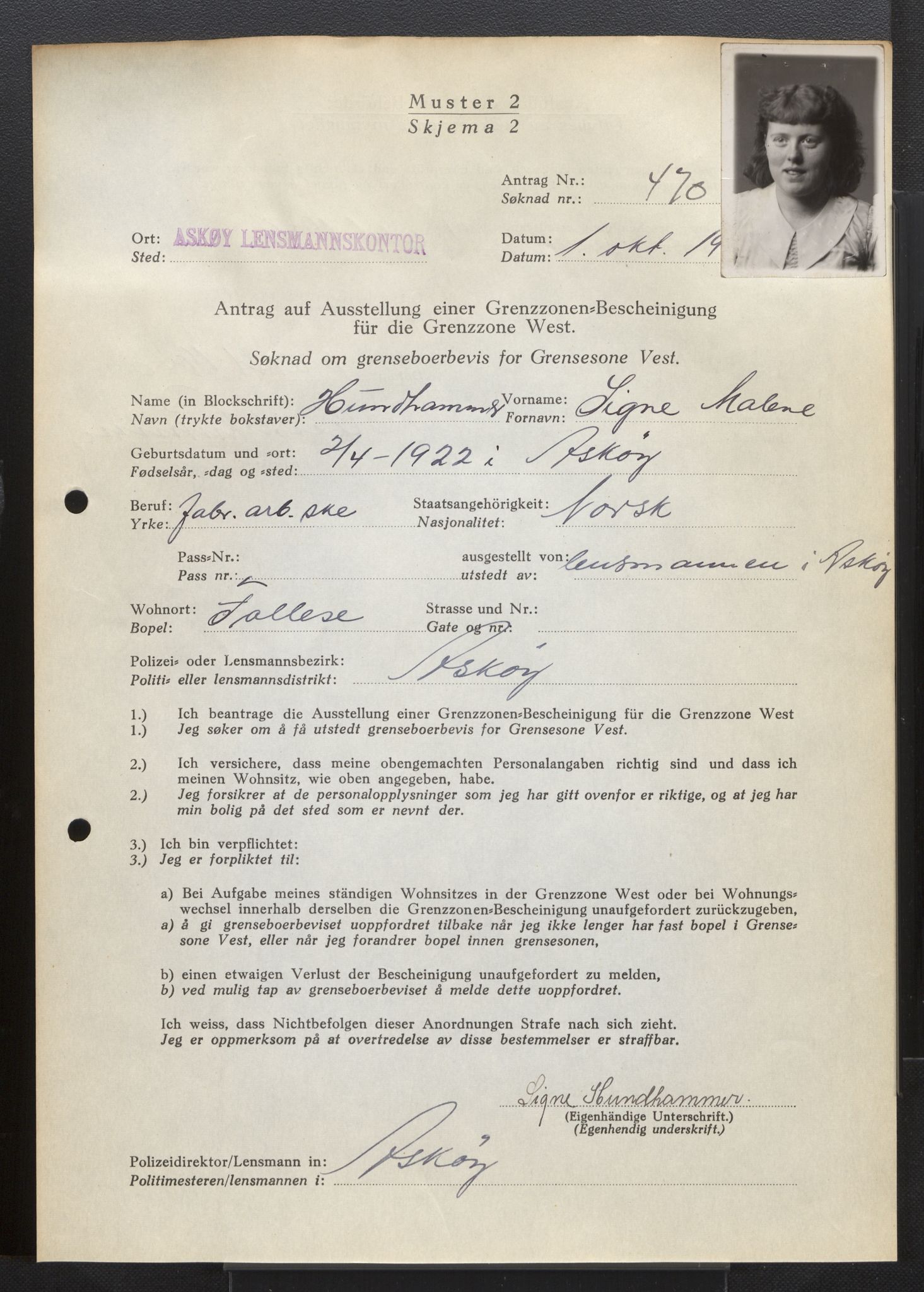 Lensmannen i Askøy, AV/SAB-A-31001/0026/L0004: Søknader om grensebuarbevis 426 - 850, 1940, s. 89