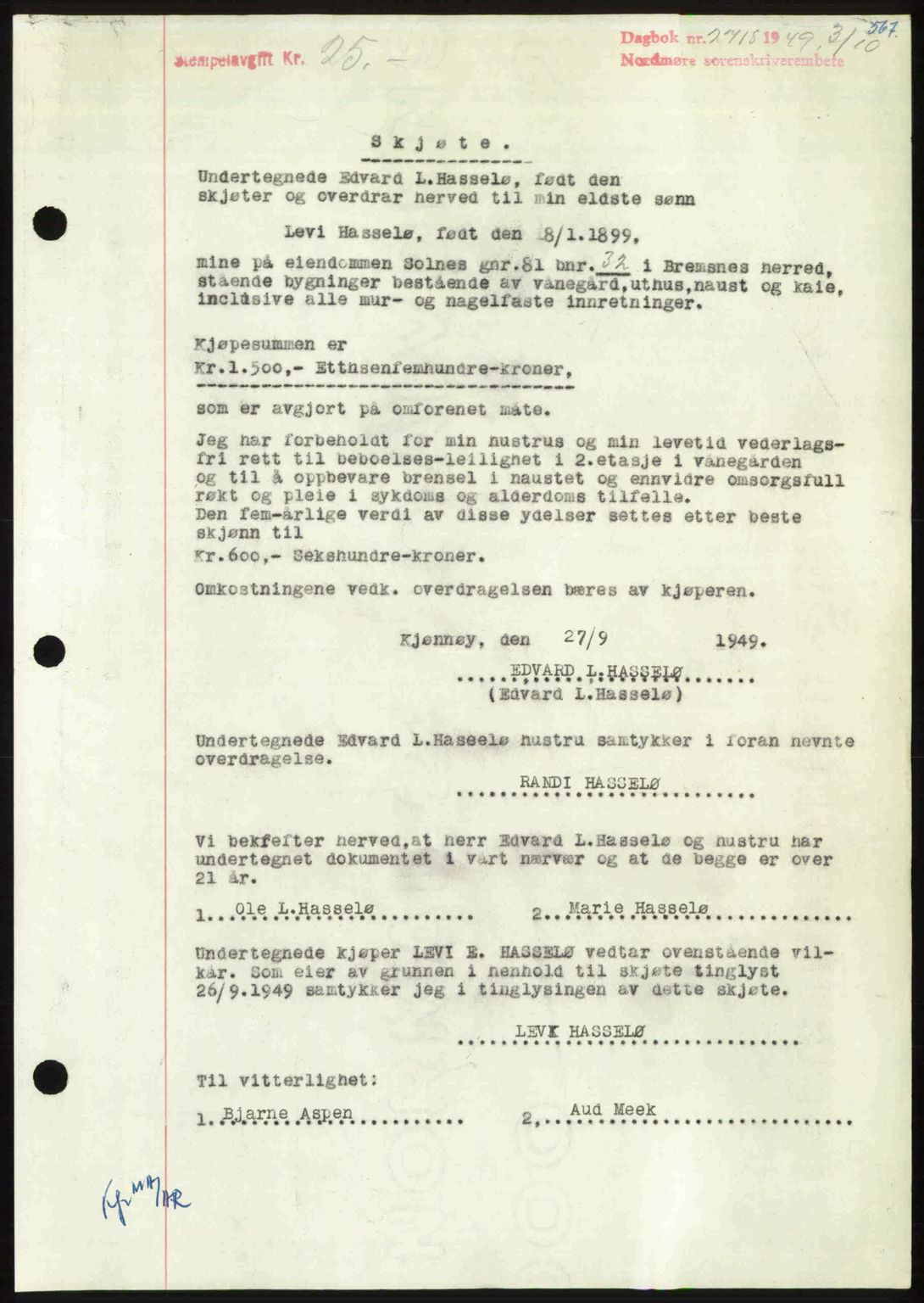 Nordmøre sorenskriveri, SAT/A-4132/1/2/2Ca: Pantebok nr. A112, 1949-1949, Dagboknr: 2715/1949