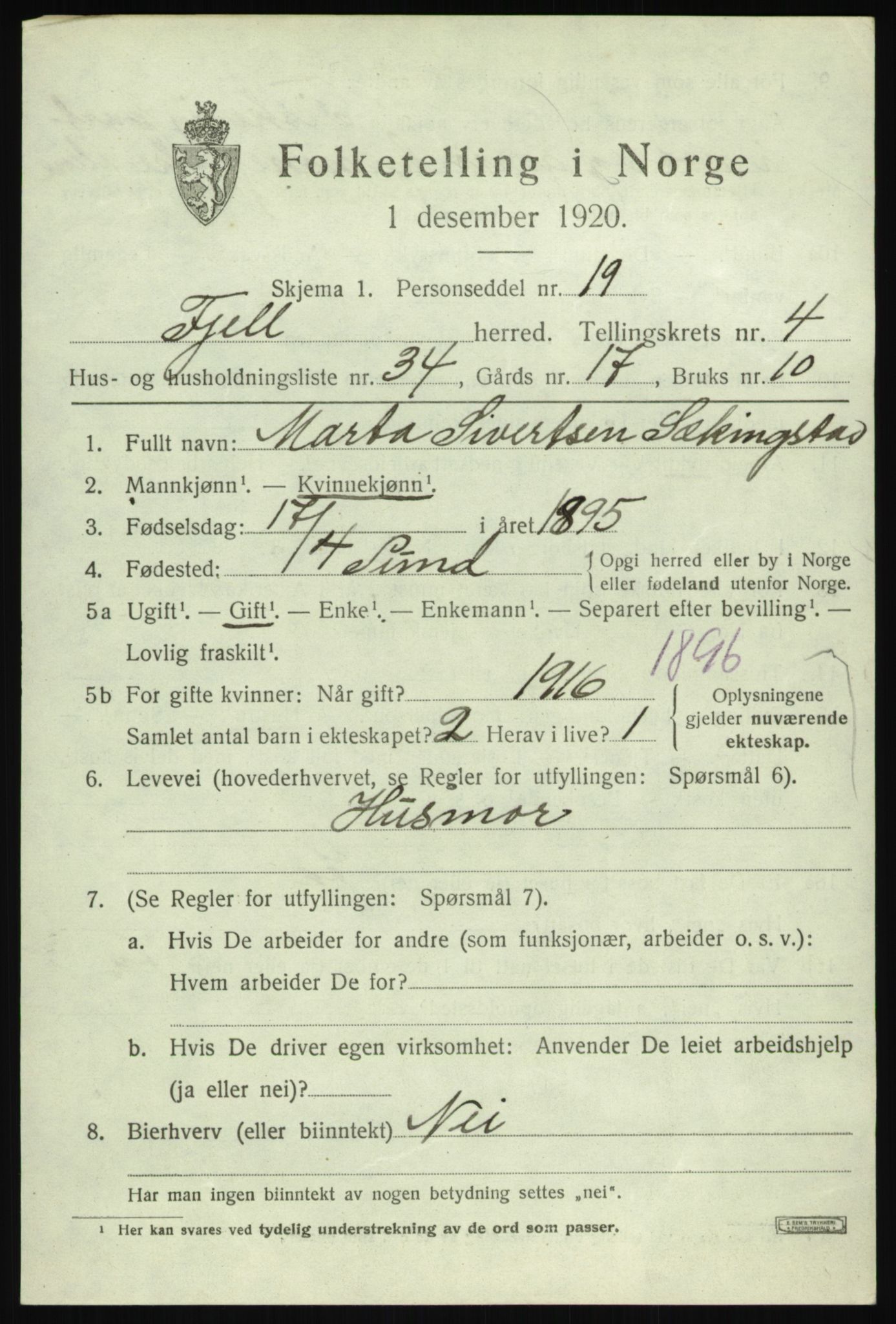 SAB, Folketelling 1920 for 1246 Fjell herred, 1920, s. 4176