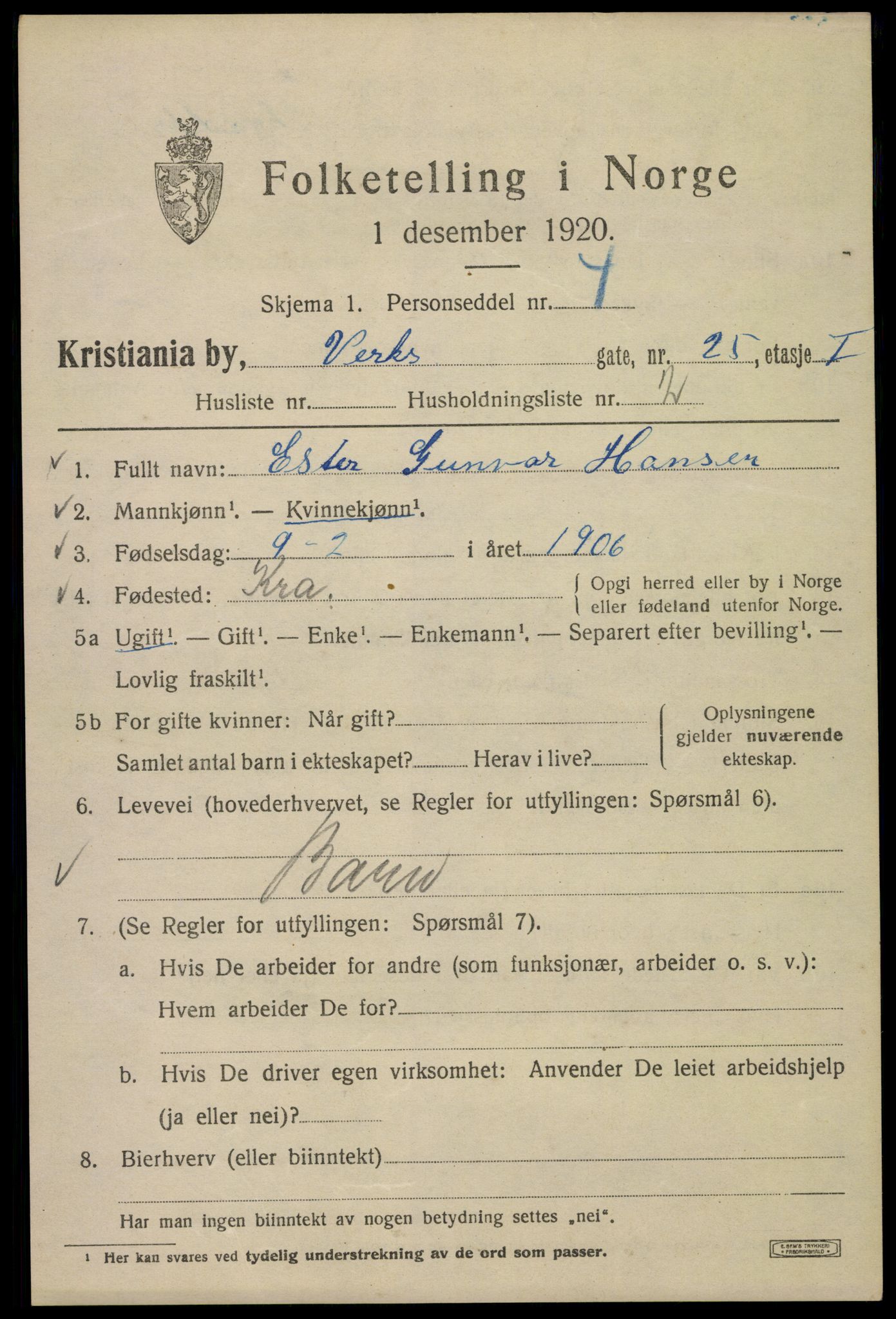 SAO, Folketelling 1920 for 0301 Kristiania kjøpstad, 1920, s. 630015
