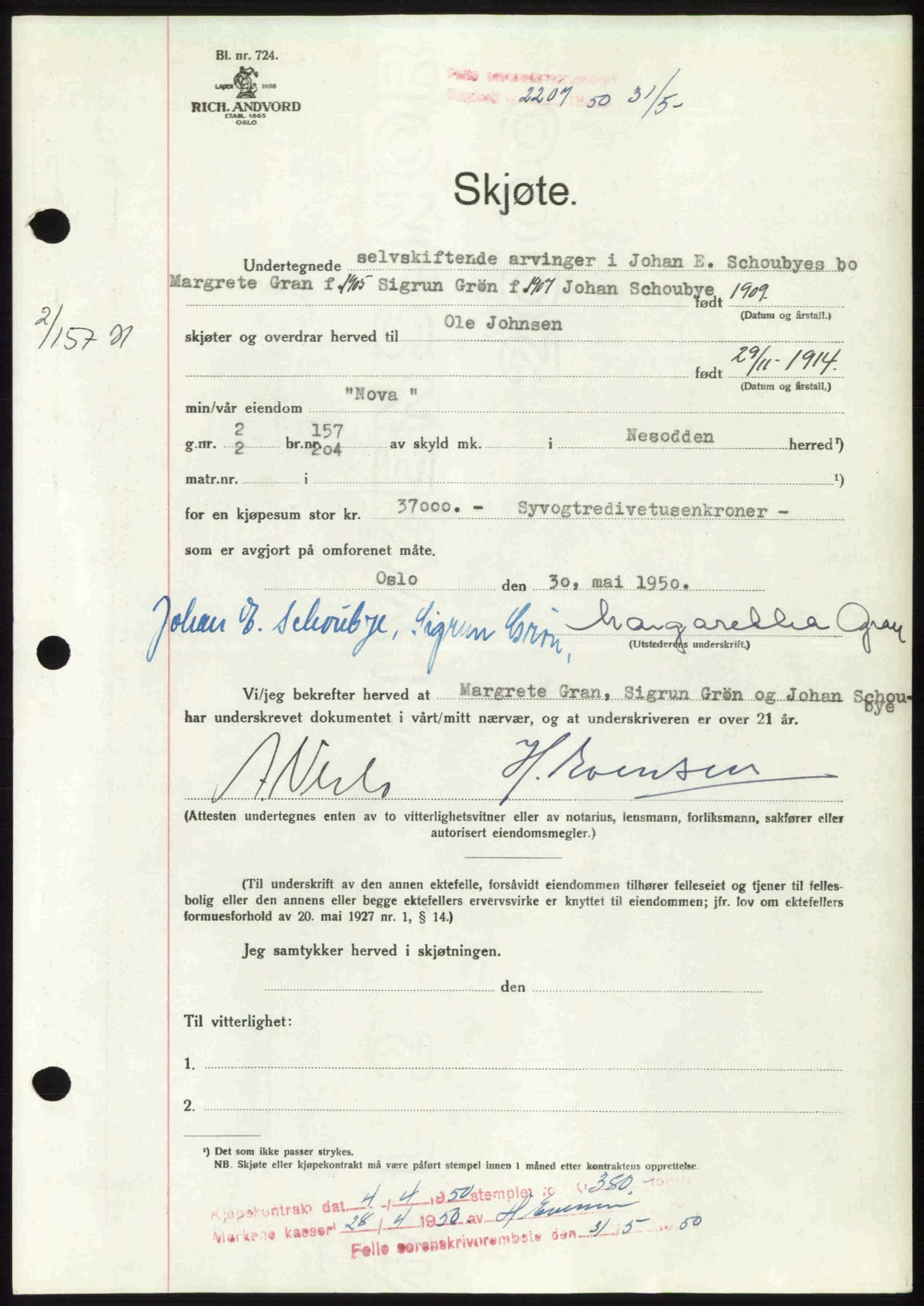 Follo sorenskriveri, SAO/A-10274/G/Ga/Gaa/L0092: Pantebok nr. I 92, 1950-1950, Dagboknr: 2207/1950